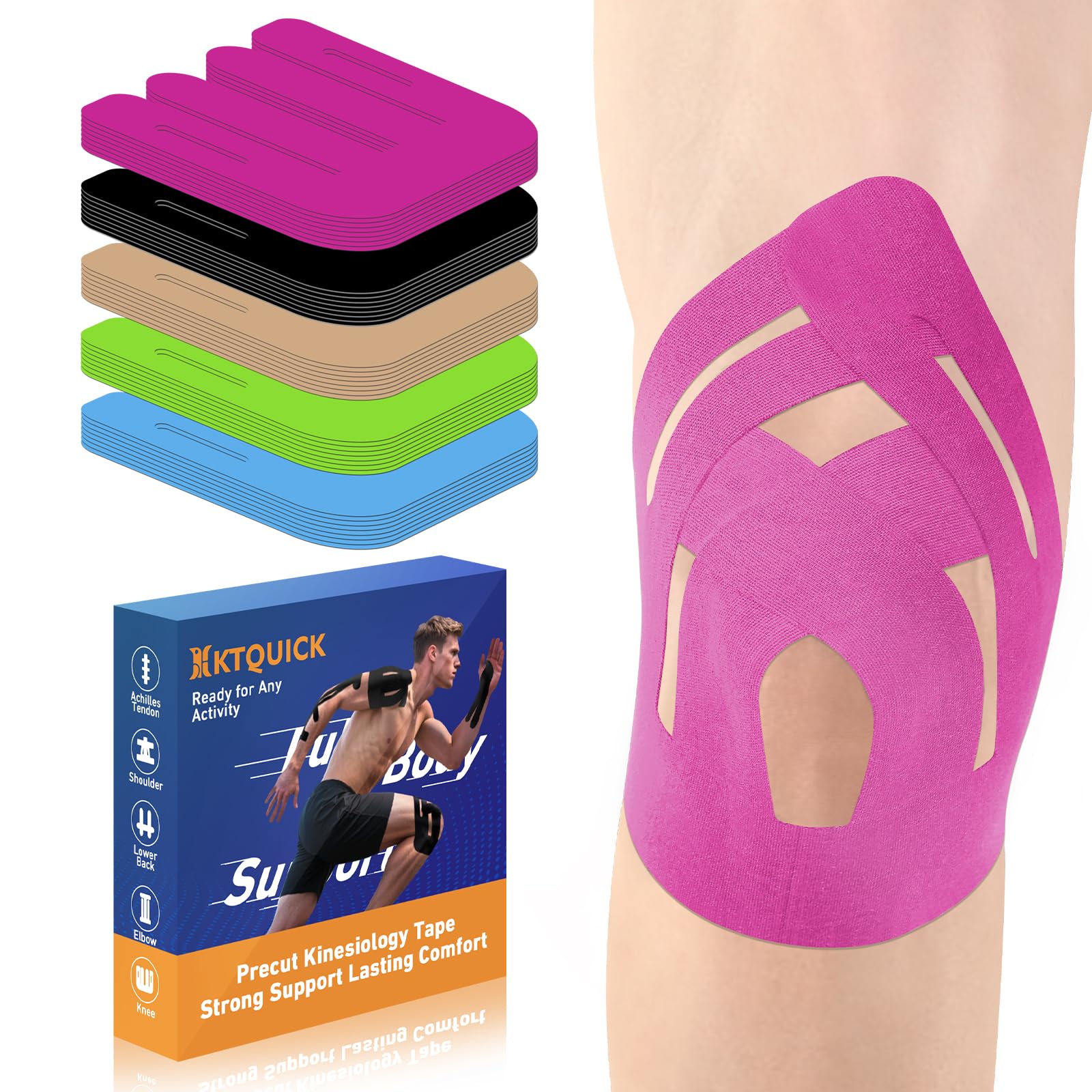 KTQUICK Lot de 24 bandes de kinésiologie prédécoupées pour genoux, bandes de sport imperméables et respirantes pour soulager l'inconfort et les douleurs musculaires (rose)