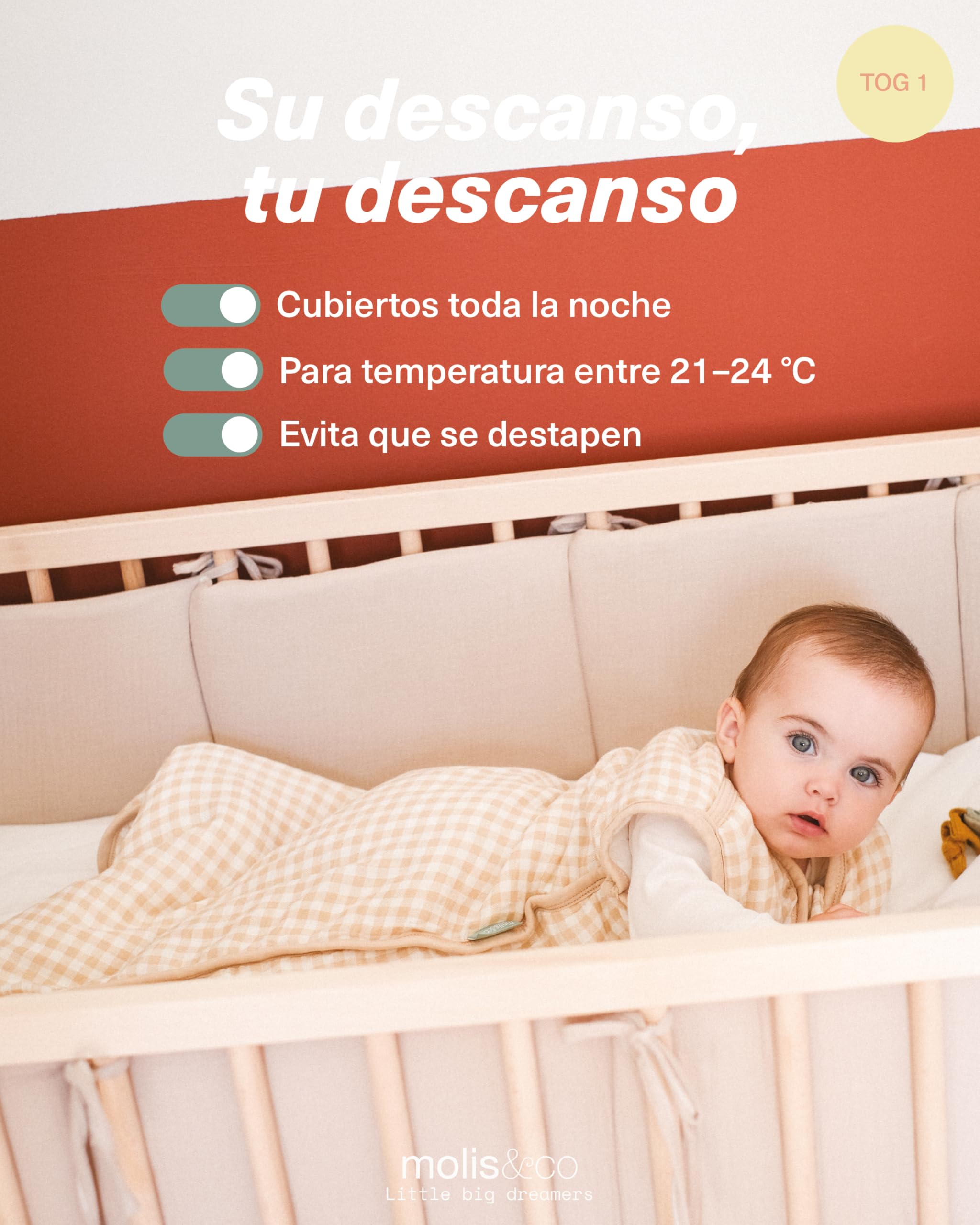 molis&co - Saco Dormir Bebé TOG 1-95 cm (18-36 Meses) - Saco Dormir Bebe Primavera y Otoño sin Mangas - Saco de Dormir Bebe para Niños Niñas (Unisex) - Muselina de Bambú Premium - Vichy Sand