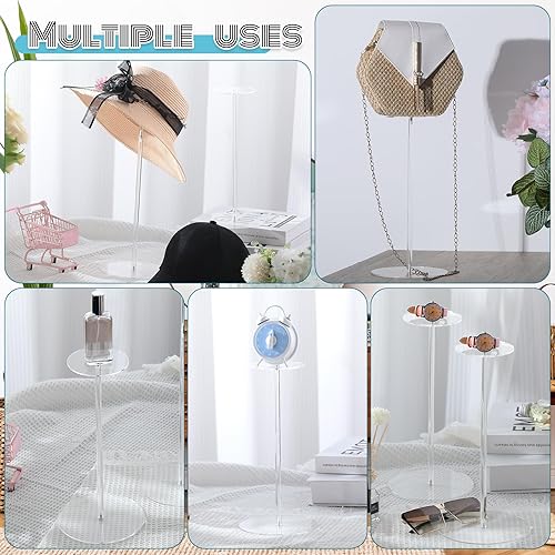 Miniatura 7 de Qunclay 8 piezas de acrílico transparente para sombrero, soporte de peluca con pedestal y base redonda para sombreros, soporte de peluca para