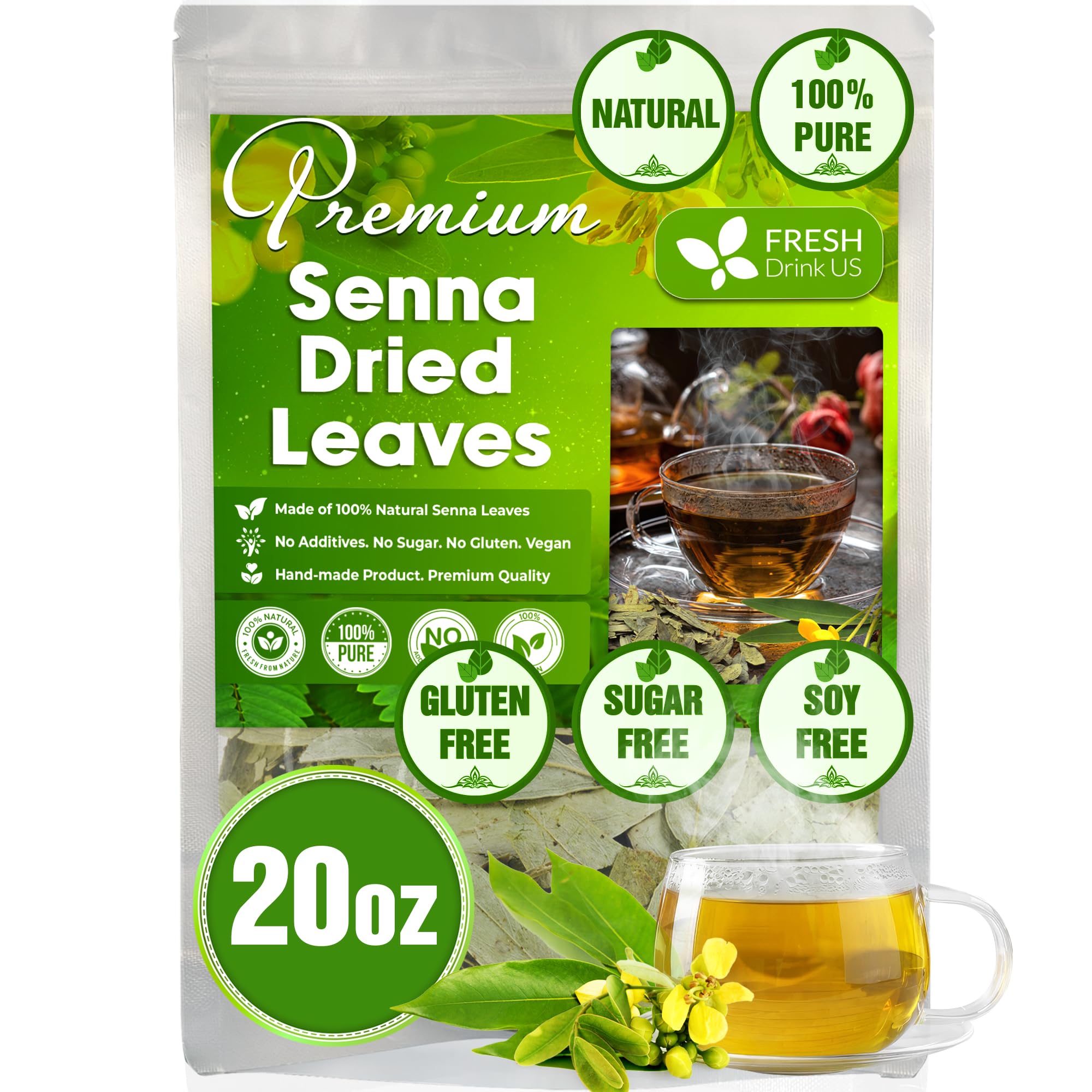 FreshDrinkUS, Permium 20oz Senna Leaves, 100% Natural & Pure from Senna Leaves, Senna Leaf Tea, Senna Loose Leaf Herbal Tea, No Additives, No Caffeine, Vegan