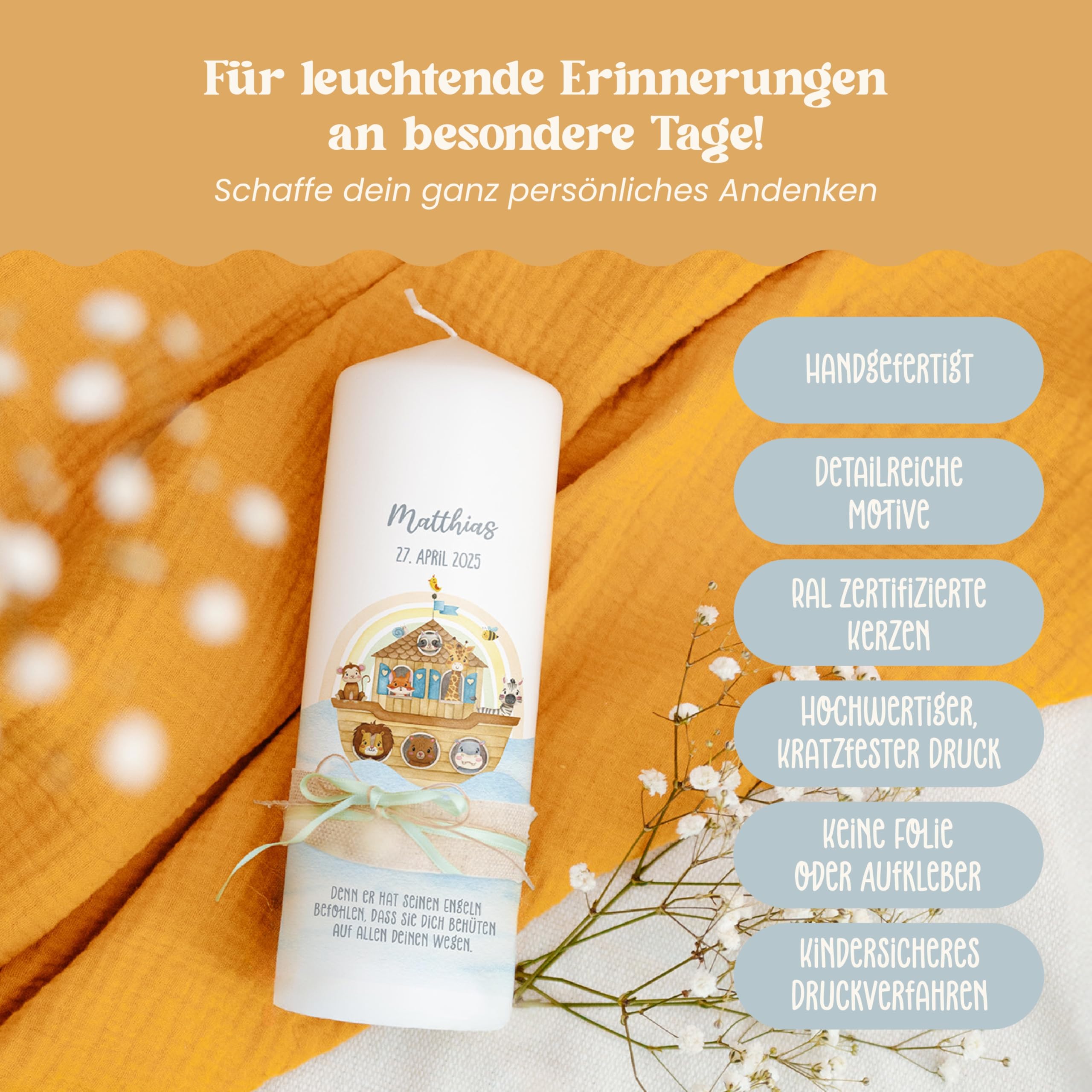 Lilletå ® Kommunionkerze Personalisiert Arche Noah H:25cm/⌀:8cm - Kerze für Junge/Mädchen - Selbst Gestalten