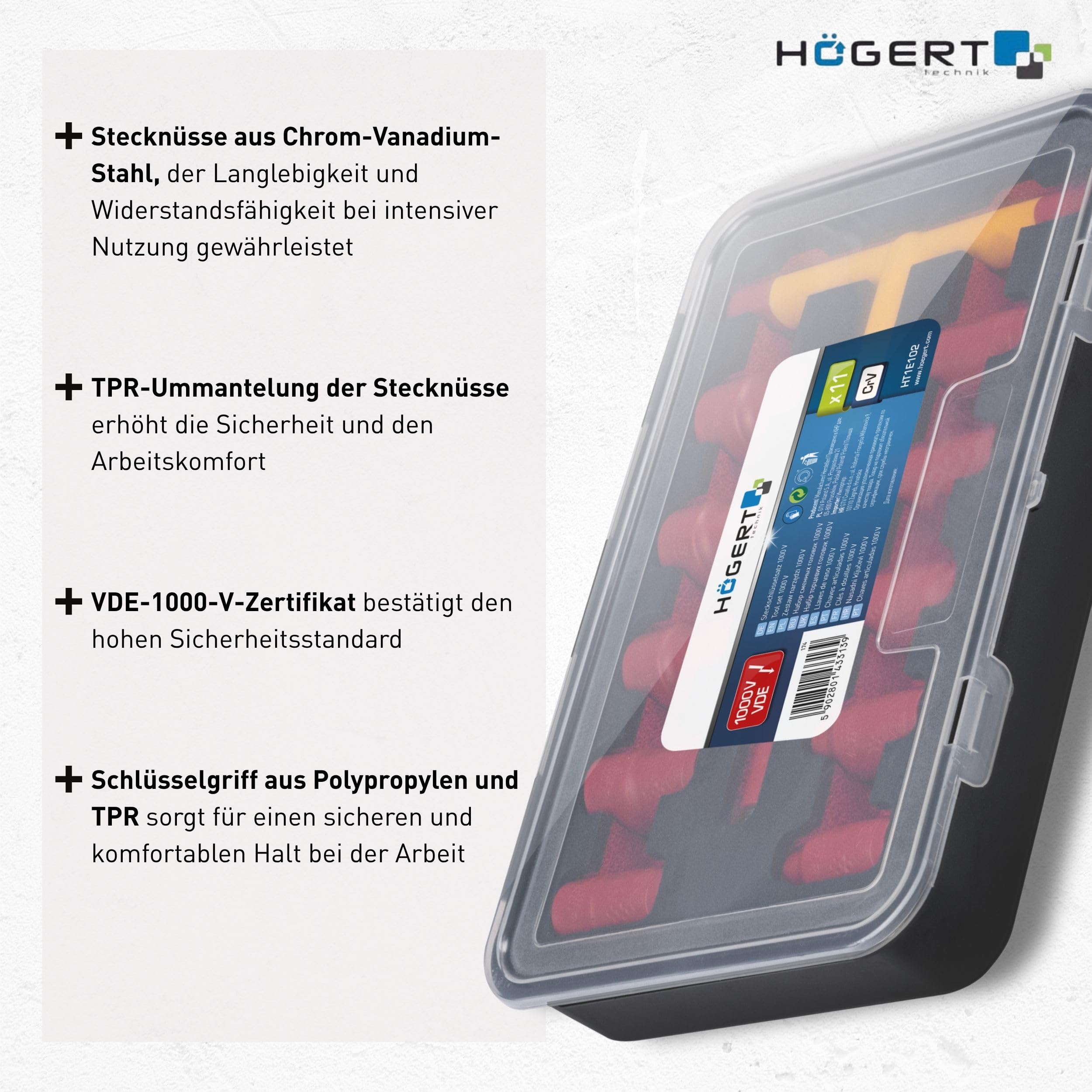 HÖGERT TECHNIK 11-częściowy zestaw izolowanych gniazd wtykowych z kluczem T 1000 V, 11-częściowy certyfikat VDE do 1000 V | 10 sztuk izolowanych kluczy nasadowych 1-3/8" i 1 klucz T z uchwytem
