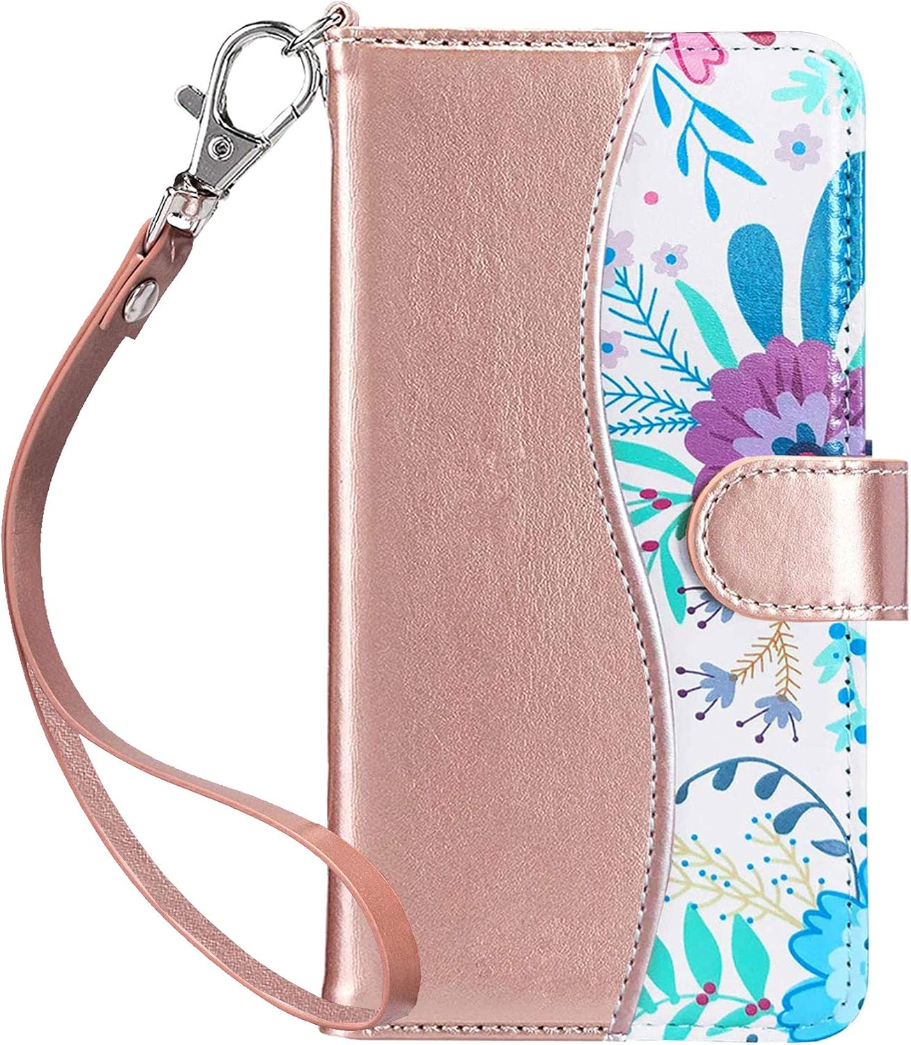J.west Compatible with LG Stylo 5 Case with Credit Card Holder, Full-Body Shockproof Flower Floral PU Leather Wallet Phone Case Cover for LG Stylo 5/Stylo 5 Plus/Stylo 5V/Stylo 5X (Rose Gold)
