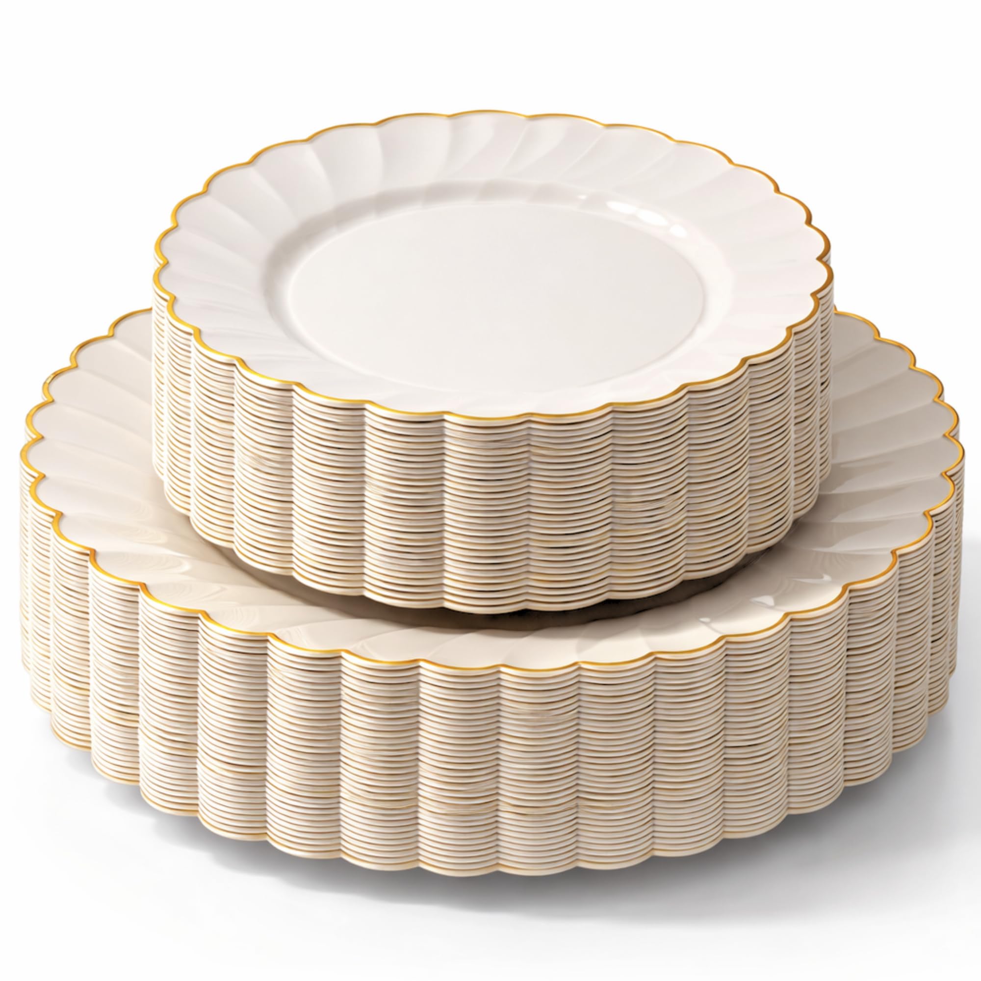 By Madee PREMIUM 60 Pc Ivory Scalloped Plastic Plates for Party with Gold Trim – 30 Dinner & 30 Dessert Plates – Elegant & Fancy for Wedding, Showers, Special Moments (30 Guests)