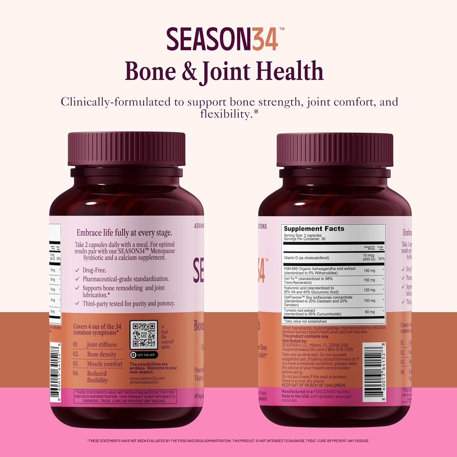 Bone & Joint Health for Women | Hyaluronic Acid, Soy Isoflavones, Resveratrol & Vitamin D3 for Flexibility, Mobility & Bone Strength Support | Menopause Joint & Bone Wellness, 60 Capsules