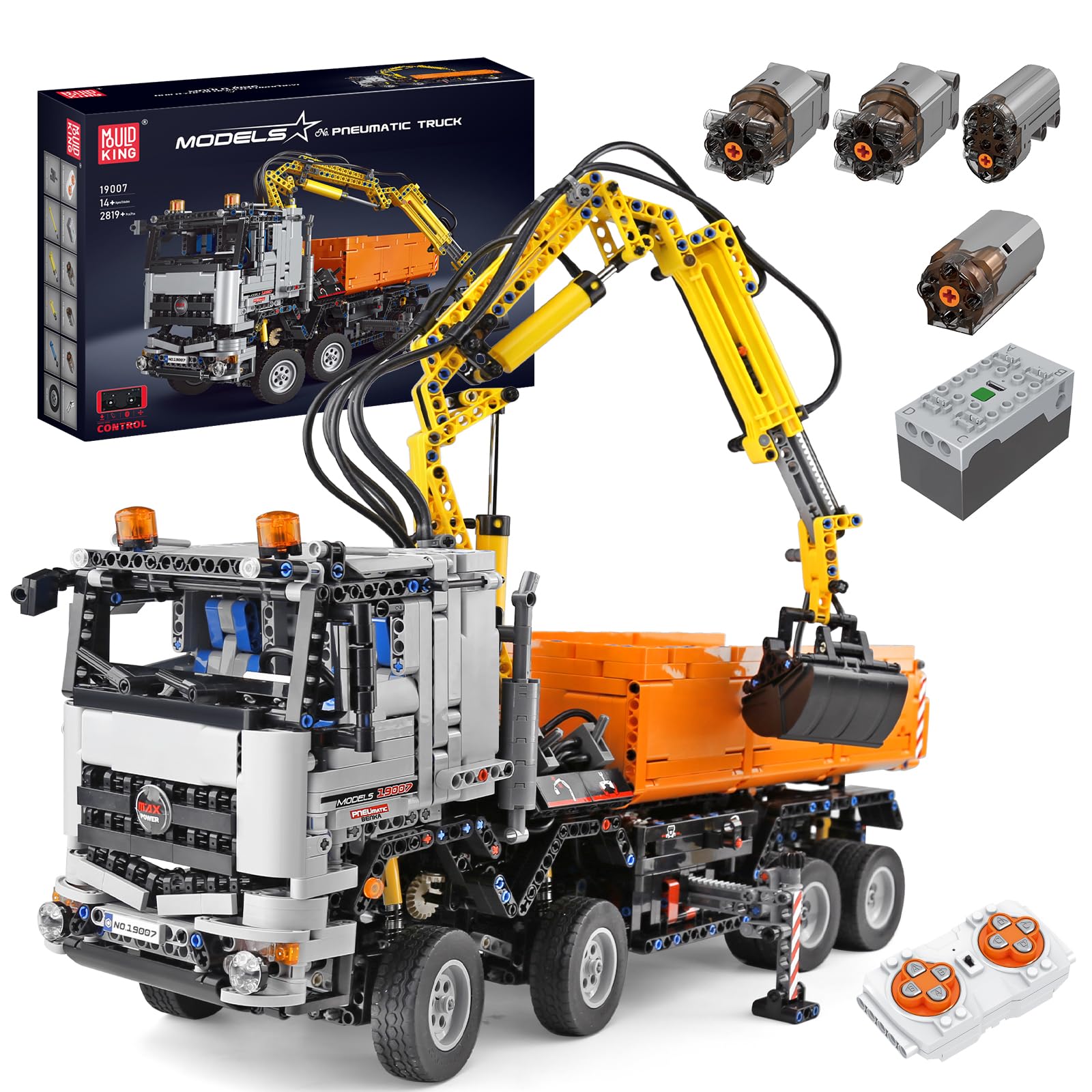 Mould King 19007 Pneumatic Truck Building Blocks Kit, Remote Control Truck Model with Motors, Constrution Vehicle Toy for Kids/Adult Collections Enthusiasts (2970 Pieces)