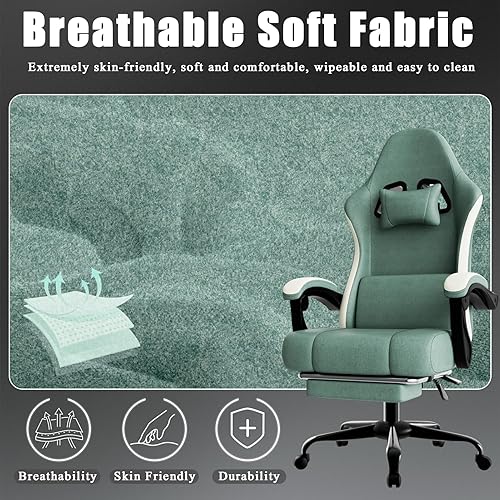 Miniatura 42 de Silla ergonómica para videojuegos, silla de videojuegos con soporte lumbar de masaje y reposapiés, silla de computadora de tela ajustable en altura