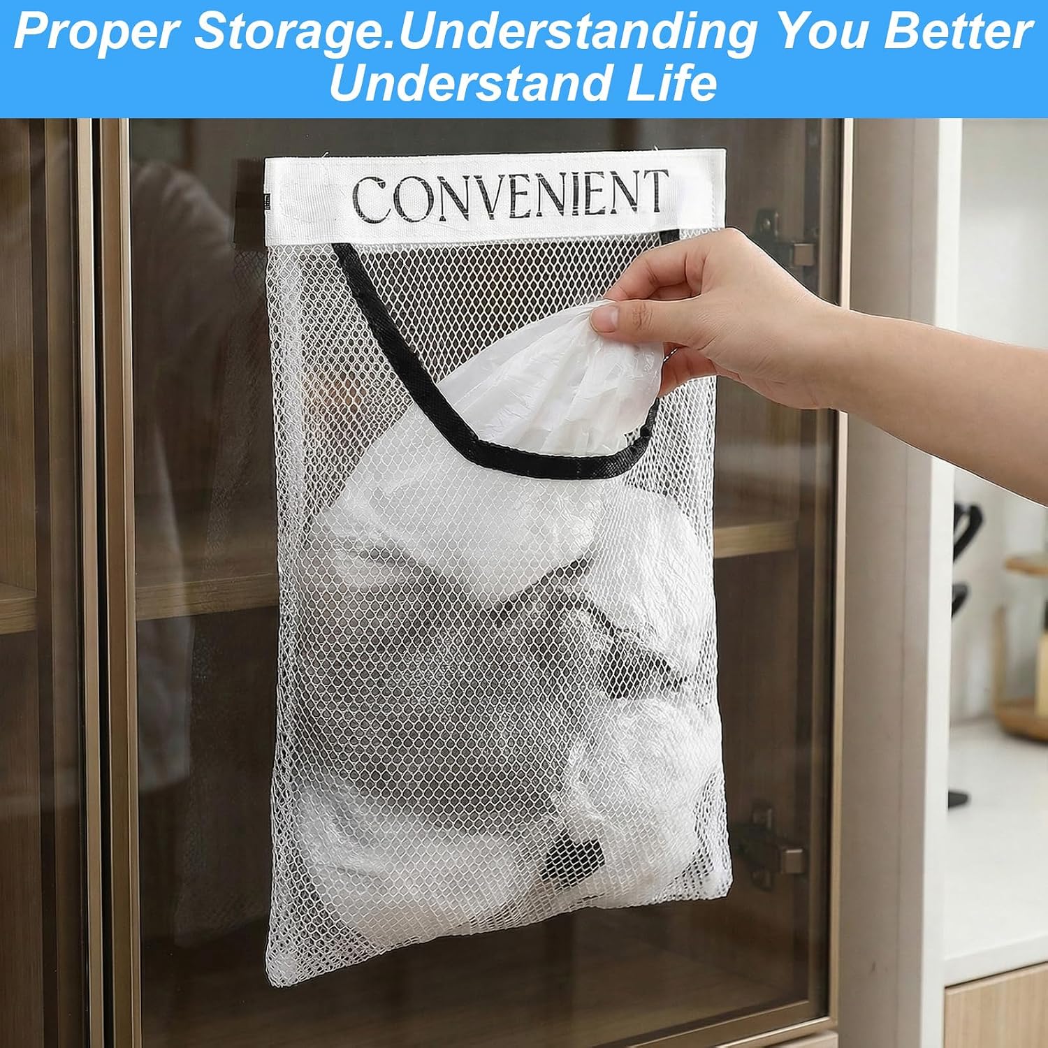 2 Pack Grocery Bag Holder, Trash Bag Holder Dispenser Sticky Mesh Wall Mount Bag for Plastic Bags Holders Foldable Storage Organizer for Kitchen Bathroom Grocery Shopping Garbage Bags
