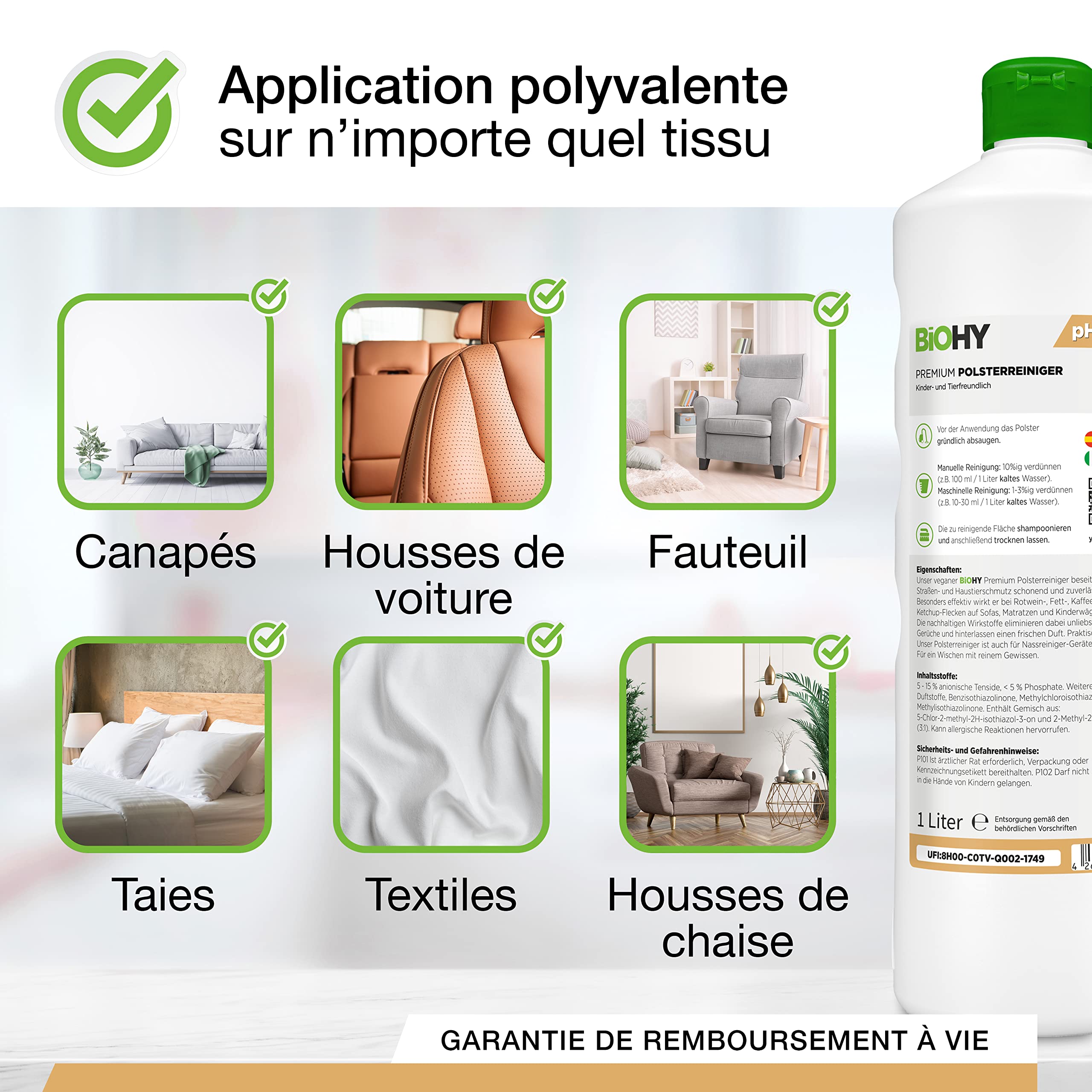 BiOHY Nettoyant premium pour tissus d'ameublement (Bouteille de 1l) + Distributeur | Bio concentré pour meubles rembourrés, canapés, tapis & textiles | détachant désodorisant (Premium Polster)