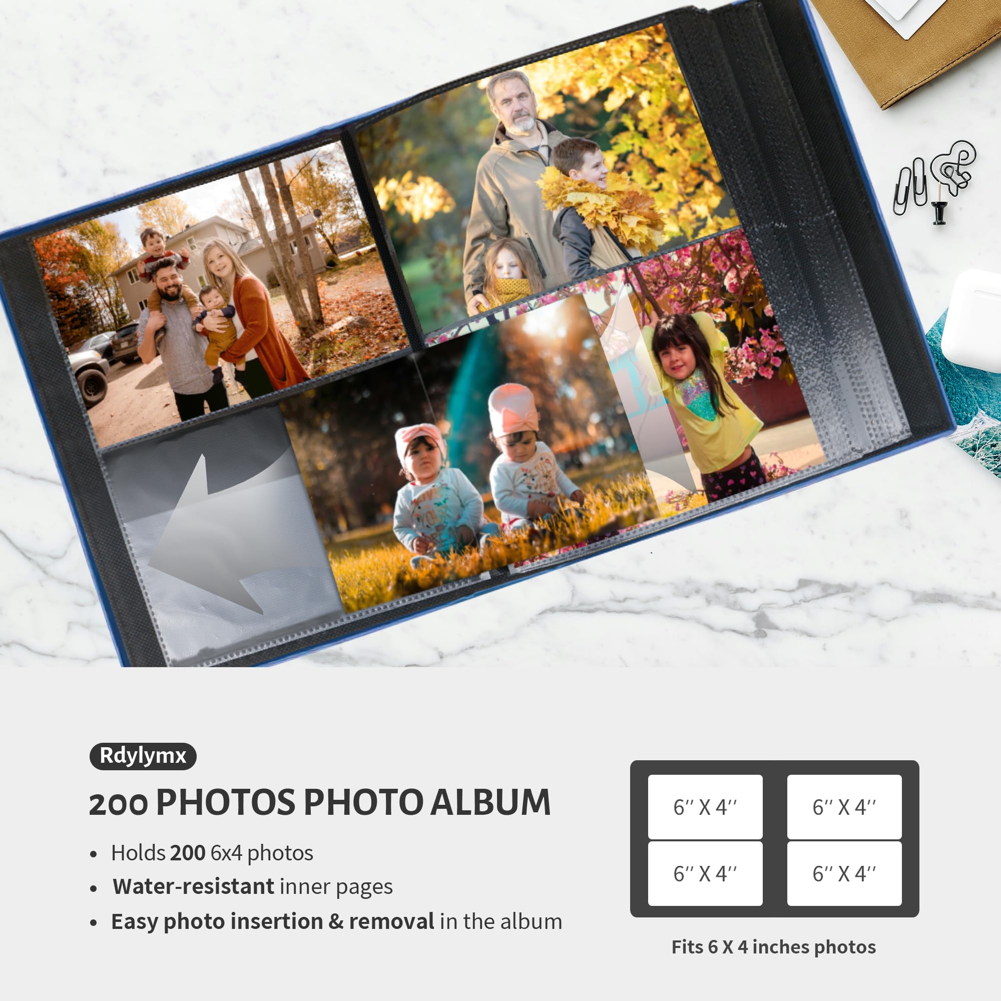 Photo Album 6x4 200 Photos Leather Cover Picture Book with Pockets for Wedding Family Anniversary Baby(Blue) - Image 3