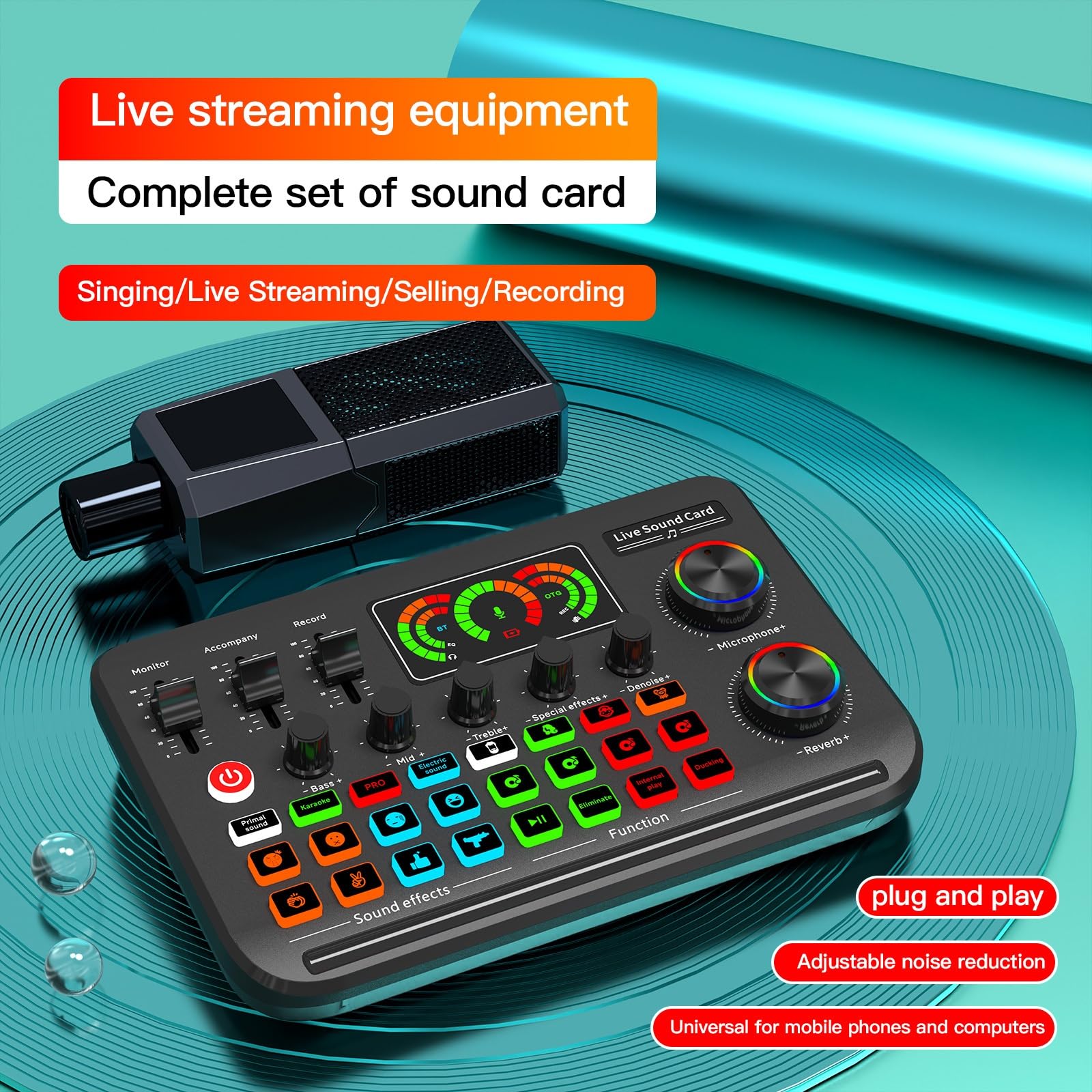 Mixer audio, Scheda audio dal vivo Streaming live Studio Mixer di registrazione Controller DJ Compatibile con Bluetooth
