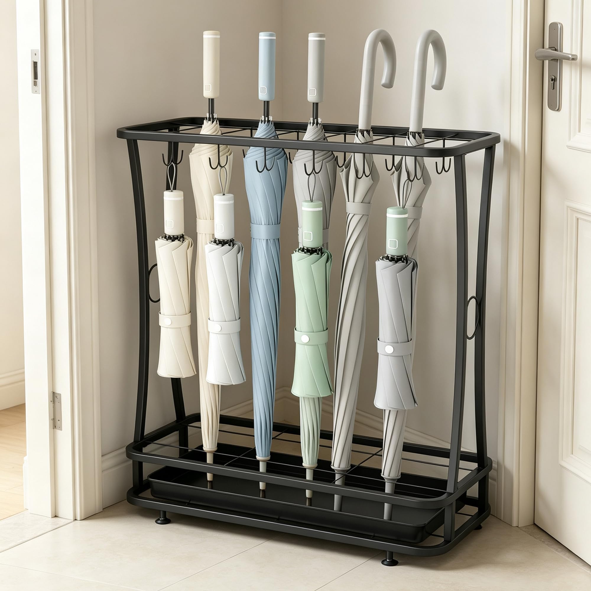 Suuiwau Umbrella Stand for Hallway, 21 Holes & 24 Hooks with Drip Tray