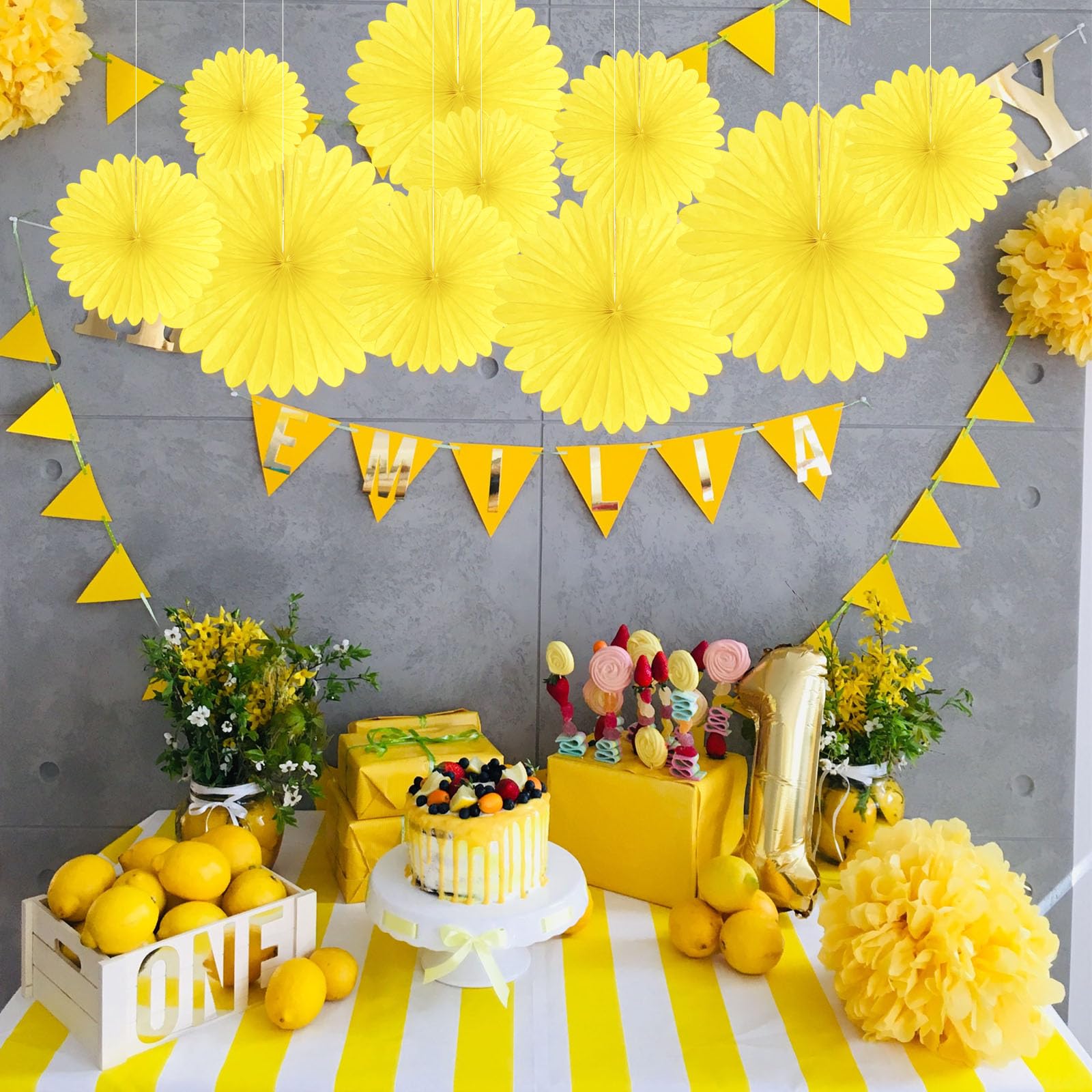 18 abanicos de papel colgantes de color amarillo claro, abanicos de papel redondos colgantes de panal, decoraciones de abanicos de papel para bodas, cumpleaños, Navidad, baby showers, aula, despedida