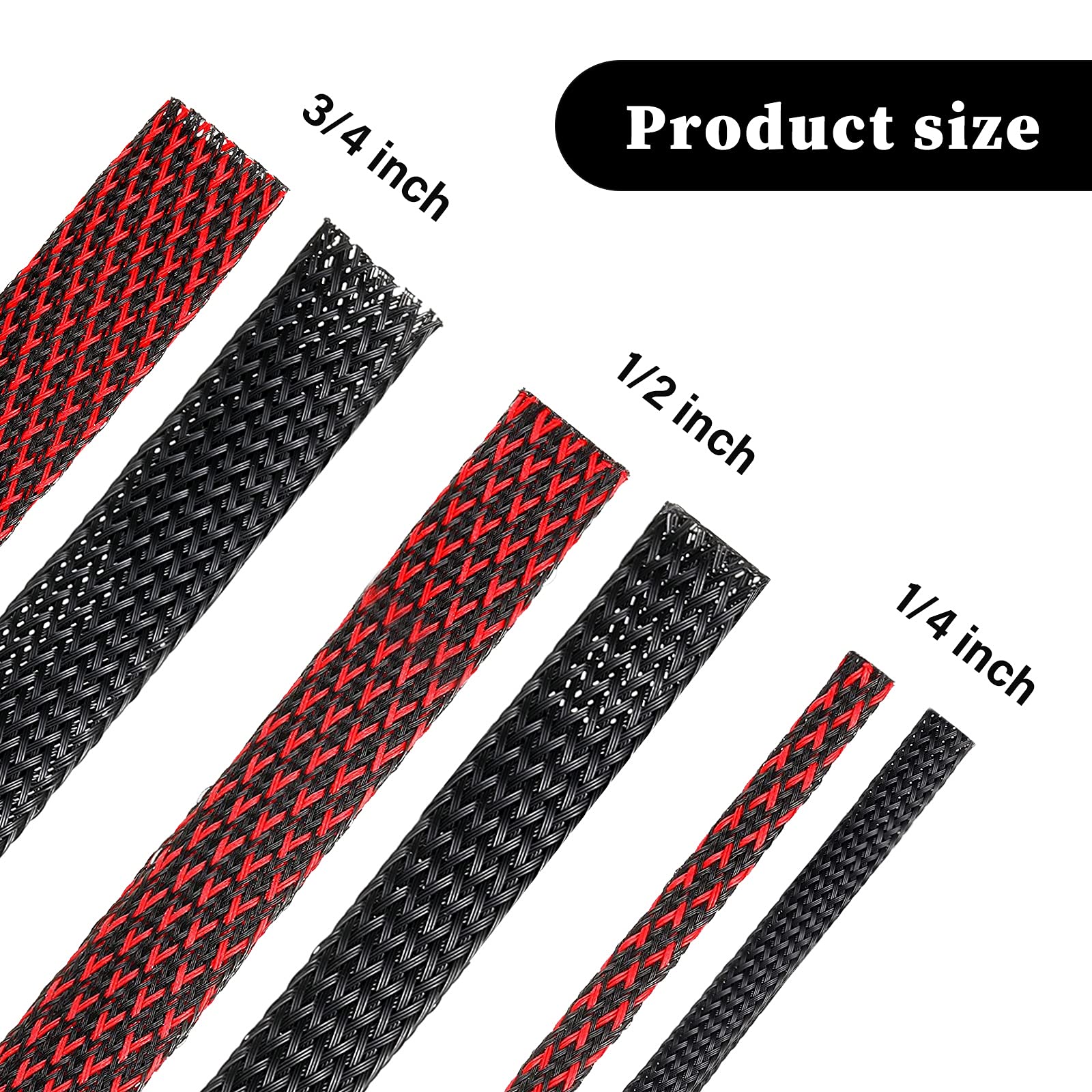 6 Rollos de 16 Pies Manguitos de Cable Trenzado de Telar de Alambre con 127 Tubos Termorretráctiles para Cable de Dispositivo (Negro y Rojo, 1/4 Pulgadas, 1/2 Pulgadas, 3/4 Pulgadas)