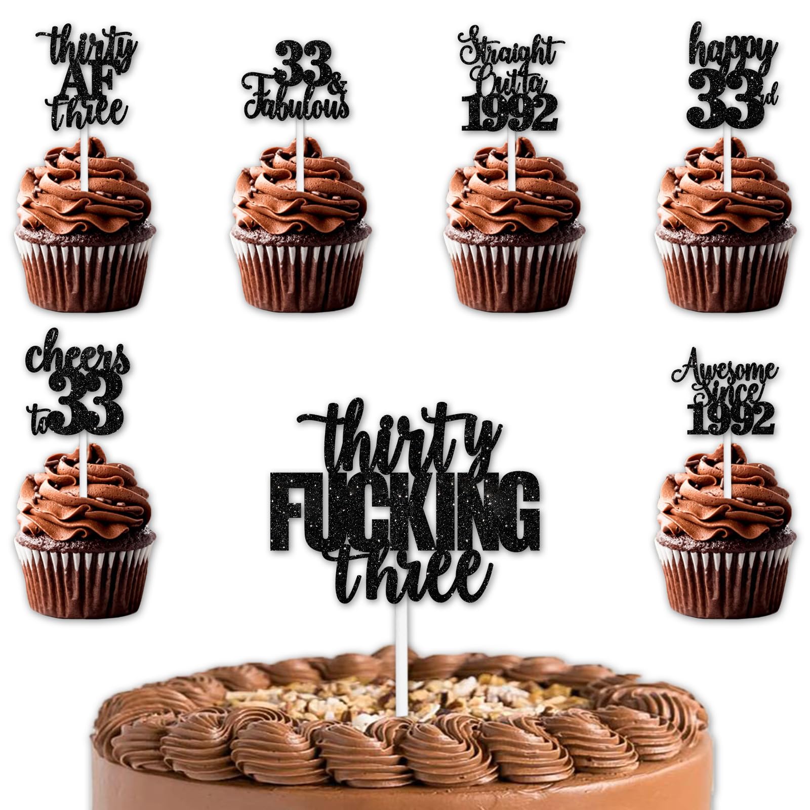 Black Glitter 1pcs Cake Topper 12pcs Cupcake Topper Funny Straight Outta 1992 Theme Party Decorations Men Women Happy 33rd Birthday Party Decor Supplies