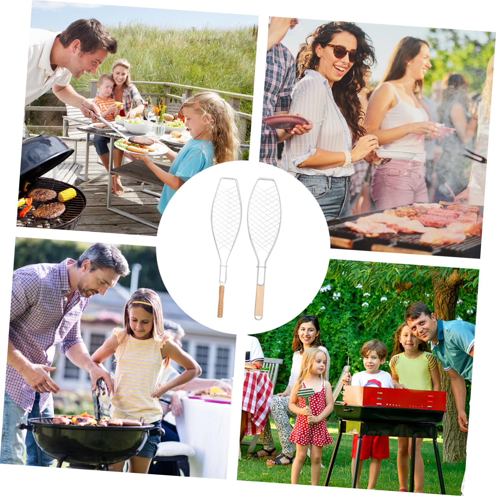 Abaodam Cooking Rack for Grill Round Net Racks Grill Baskets Set Fish Clip Bbq Tool Wooden Handle for Easy Use