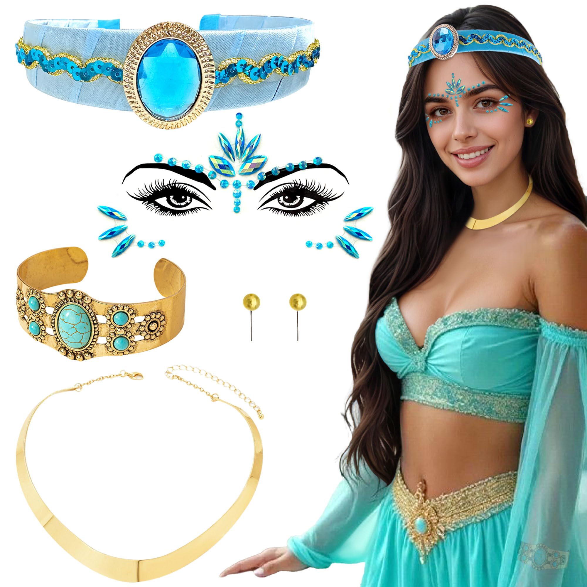 BACH AND BOUJEE 5PCS Princess Costume Accessories Arab Accessories Princess Headband Crown Gold Chunky Choker Necklace Earrings Women Girls for Halloween Cosplay Costume