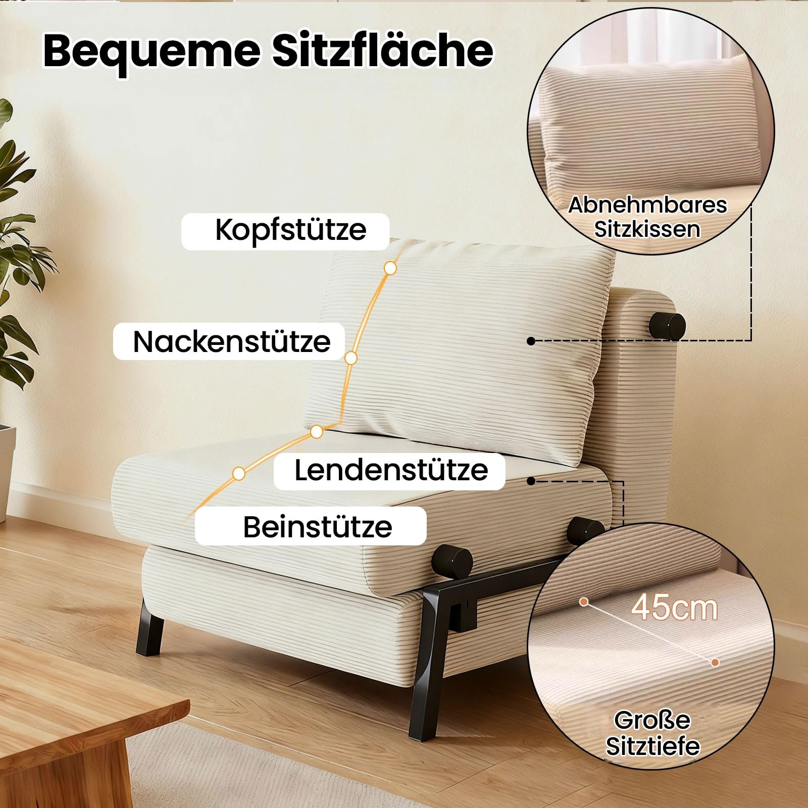 Generisch Schlafsofa Klappbar, 1-Sitzer Sofa mit Schlaffunktion, Kordsamt | Wandelbarer Schlafcouch mit Kissen, Metallrahmen, Einzelsessel für Kleine Wohnzimmer Schlafzimmer Gästezimmer