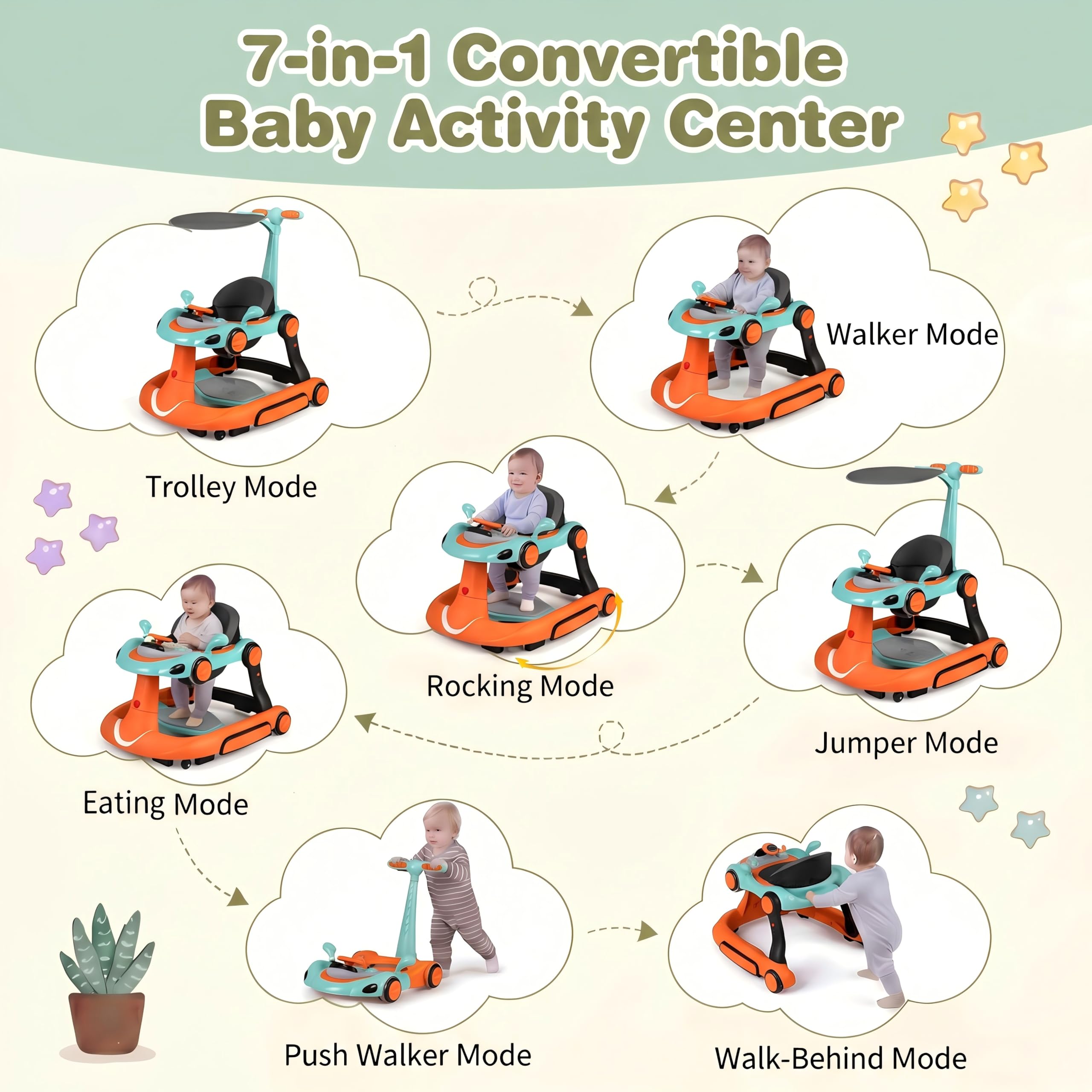 LIFEZEAL 6 in 1 girello per bambini con tettuccio, Girello Trasformabile, Pieghevole, altezza e velocità regolabili, Baby Walker con luce, musica, Portata 12 kg, per Bambini 7-18 Mesi (arancione)
