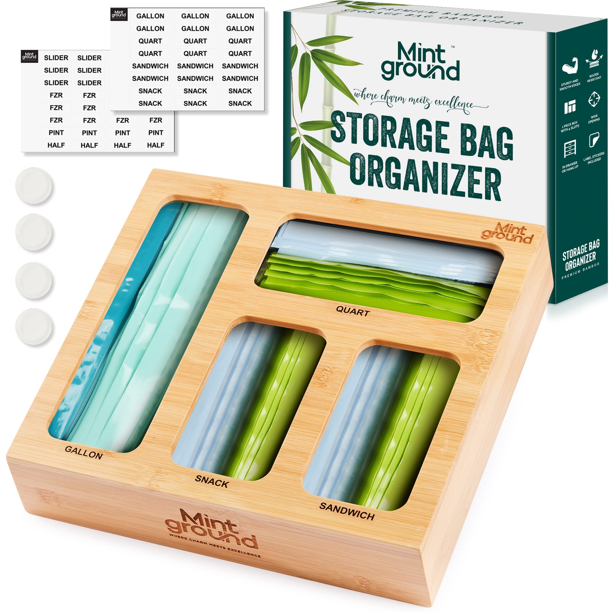 Buy Bamboo Ziplock Bag Storage Organizer for Drawers 56 Labels Included Fits Slider, Freezer