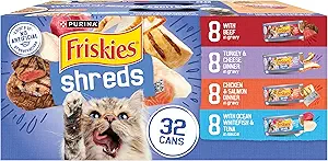 Purina Friskies Gravy Wet Cat Food Variety Pack, Savory Shreds With Beef, Turkey and Cheese Dinner, Chicken and Salmon Dinner, With Ocean Whitefish and Tuna - (Pack of 32) 5.5 oz. Cans