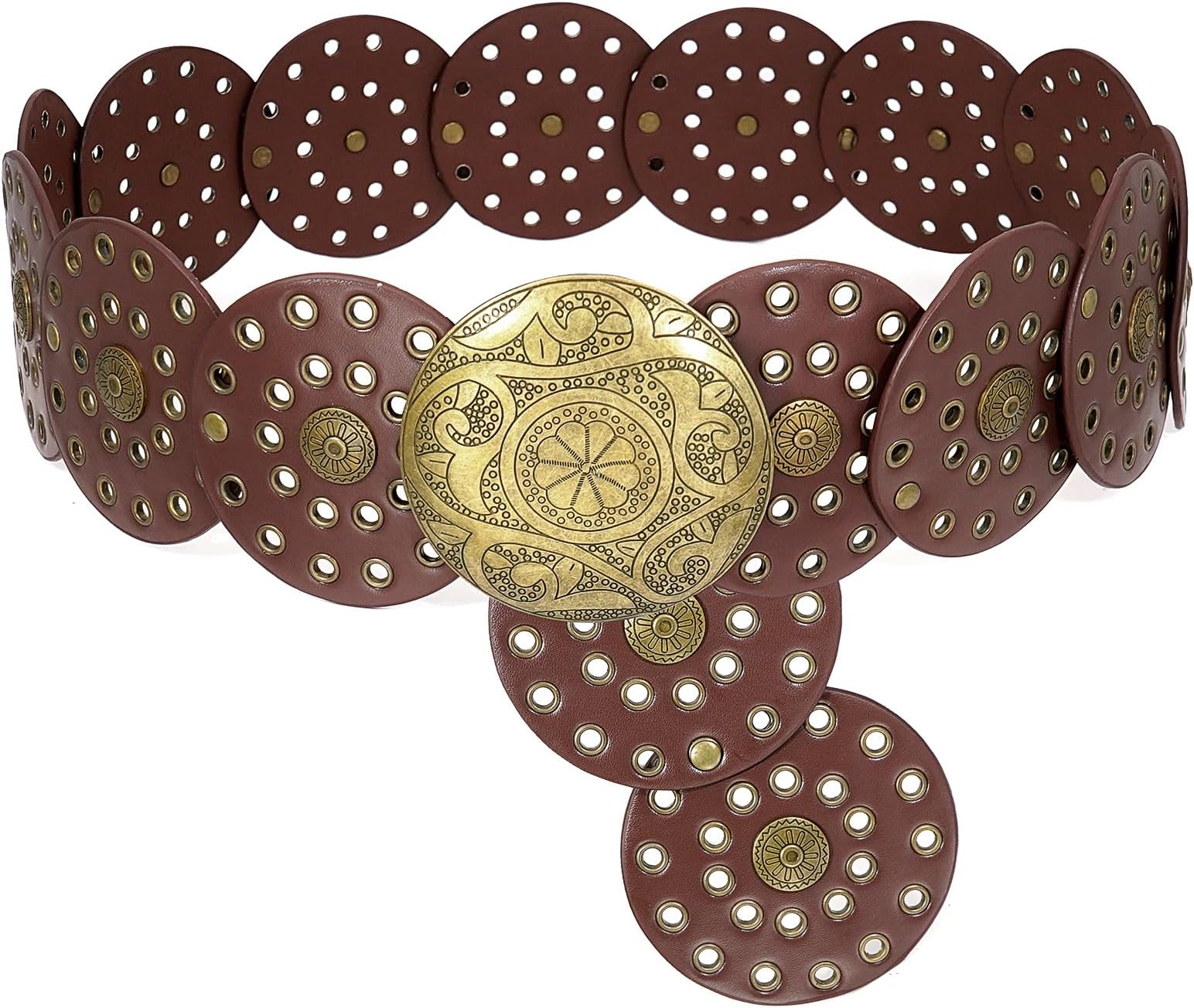 BuywisWide Disc Belt for Women Boho Disk Concho Leather Belts Western Waist Belts for Dress