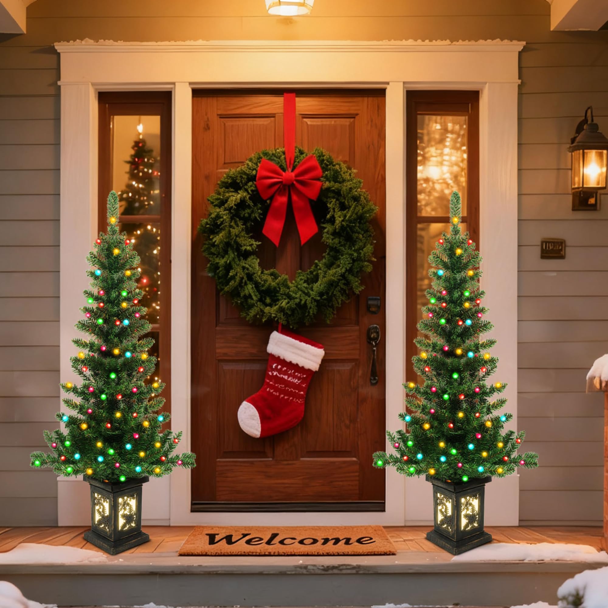 4ft Potted Christmas Tree Set of 2 with 100 LED Colorful Lights, Prelit Christmas Trees with Retro Snowflack Light Box Base, 190 Branch Tips, Front Porch Christmas Tree Decor for Home