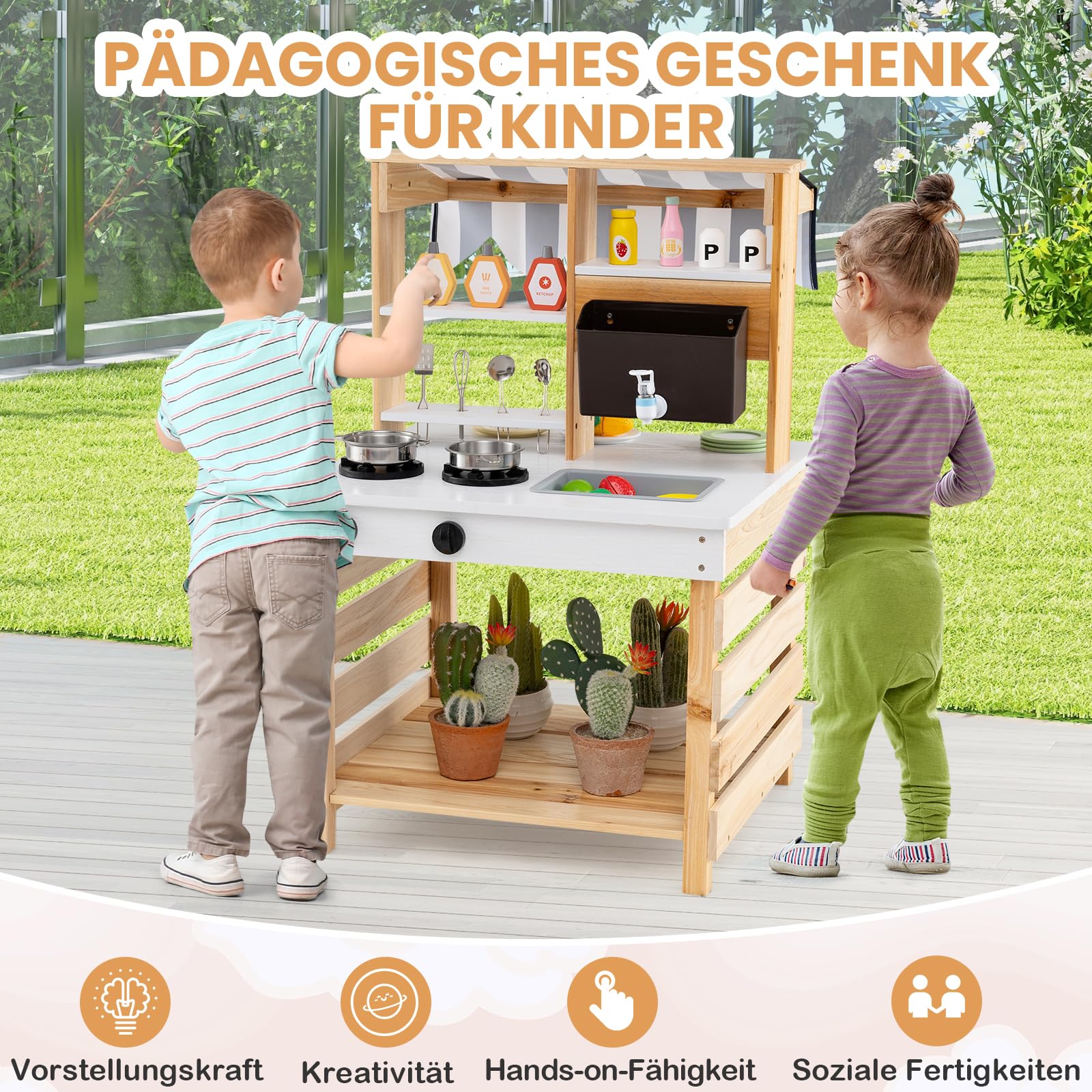 COSTWAY Kuchnia zabawkowa na zewnątrz, kuchnia z drewna jodłowego z funkcją wody, dwustronna kuchnia do zabawy z dachem i 6 akcesoriów, kuchnia zewnętrzna dla dzieci od 3 lat (naturalna)