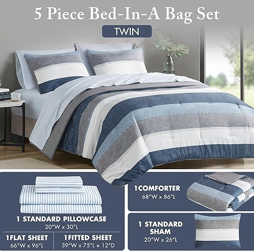 Miniatura 5 de Madison Park Essentials Jaxon - Juego de edredón y sábanas tamaño individual, juego de sábanas y edredón de cama en una bolsa, estampado moderno de