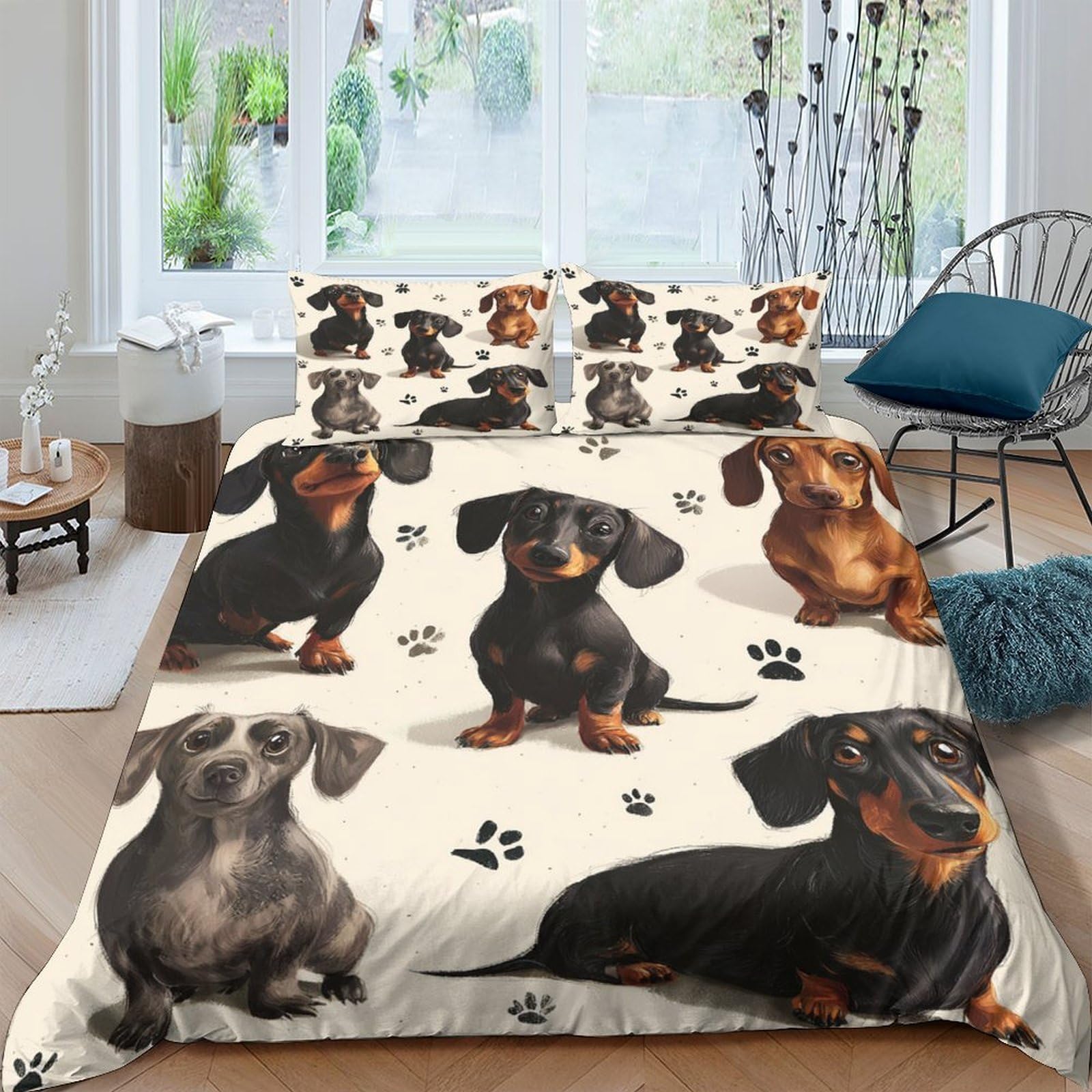 GPLZQXKJNH 3D Printed Dachshund Dog Duvet Cover Microfiber Soft Breathable Paw Print Bedding Set with 2 Pillowcases for Bedroom Decor Single（135x200cm）
