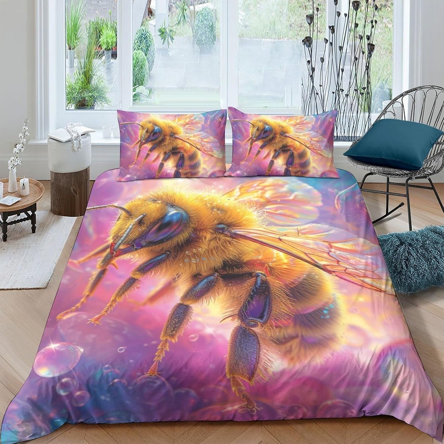 Housse de couette 260x230 abeille 3D lit avec 2 taies d'oreiller