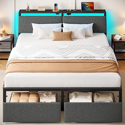 Miniatura 10 de Rolanstar Base de cama individual con cabecera ergonómica de almacenamiento y estación de carga, cama de plataforma tapizada con luz LED y cajón,