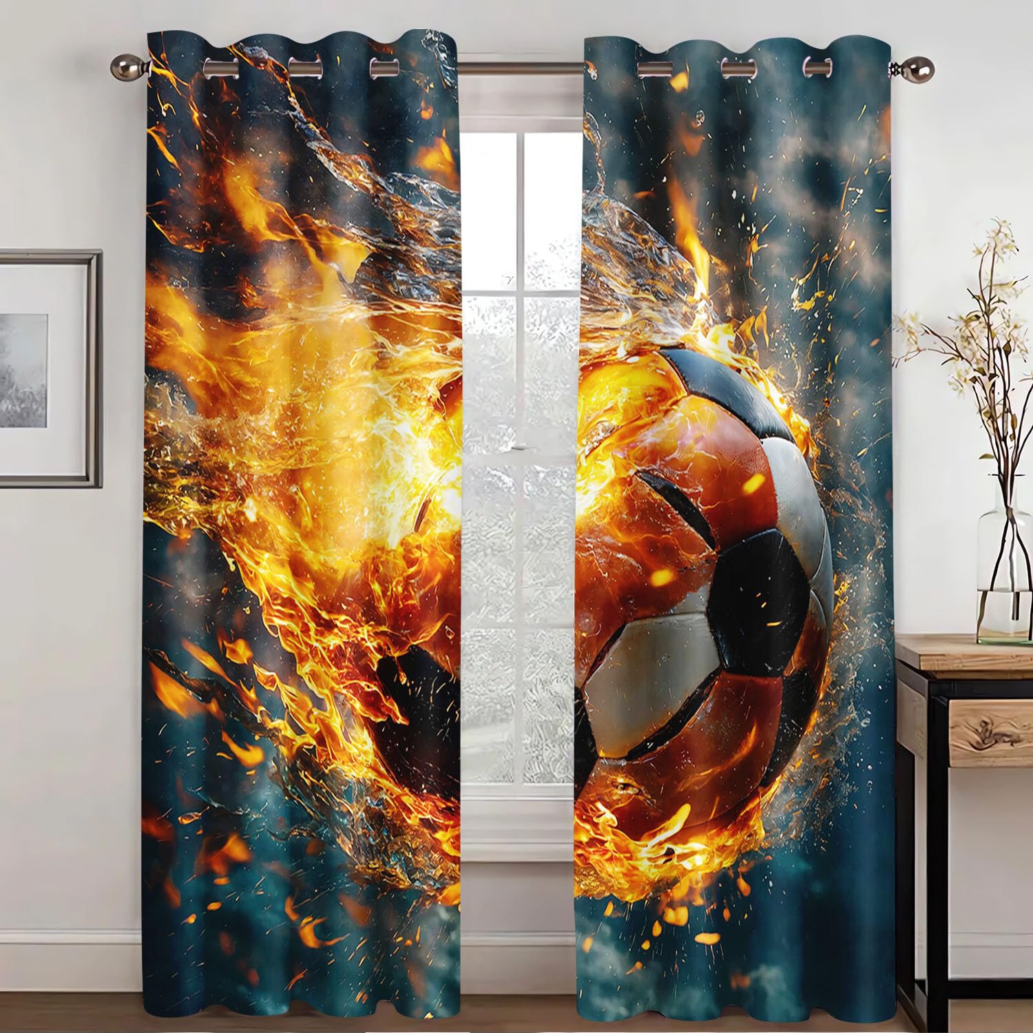 WEQEER Football Sports Field Curtains, Blue 3D Football Pattern Eyelets Curtains, Colourful Football Children's Blackout Curtain, Boys Curtains for Bedroom (5.183 x 160 cm (2 x 91 x 160 cm))