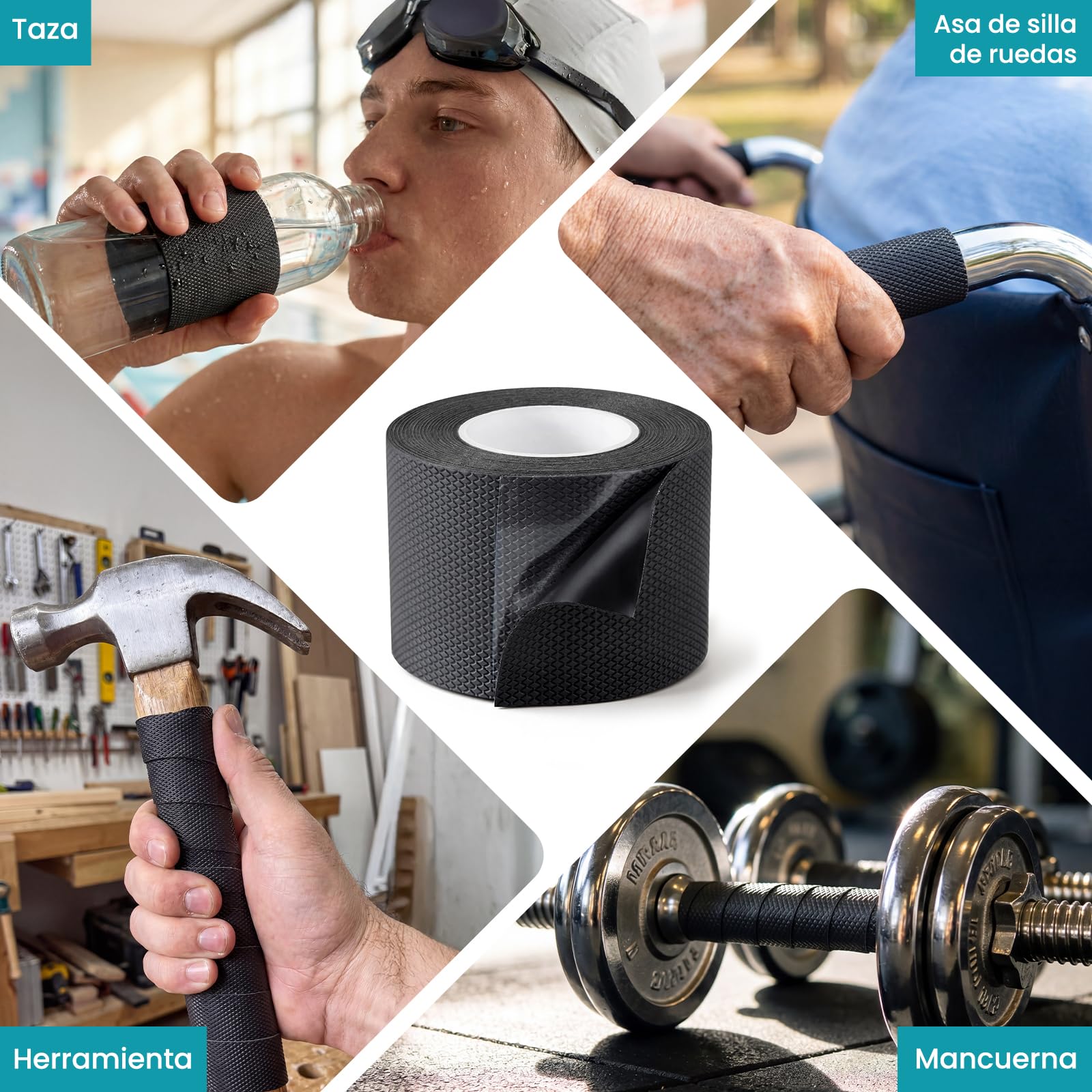 Cinta Antideslizante de Goma, Grip Tape No Abrasiva, Fuerte Adhesivo, Resistente al Agua, Flexible y Fácil de Cortar para Manos, Herramientas y Equipos, 10 cm x 5 m, Negro
