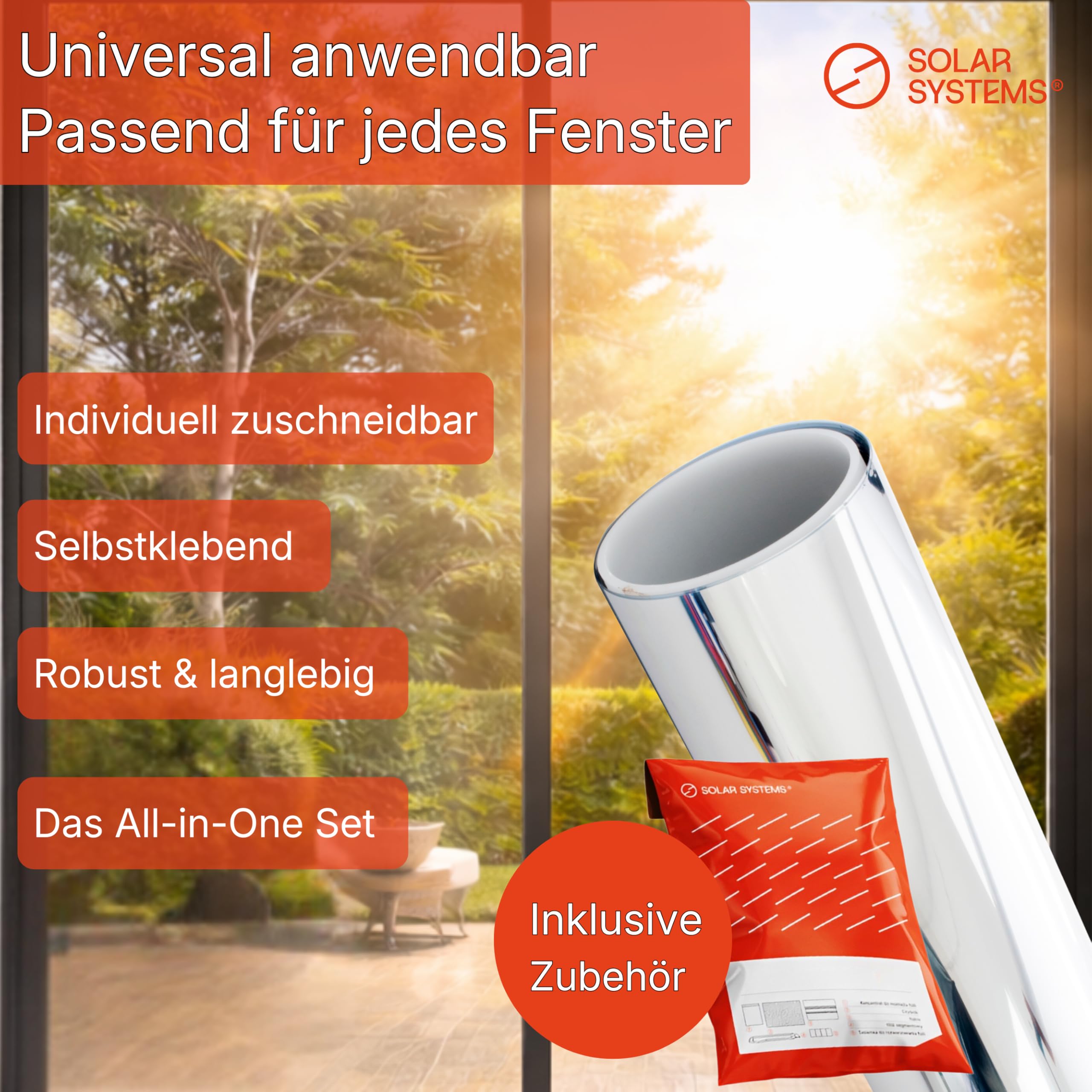 Solar Systems Hitzeschutzfolie Fenster Außen Silber 100 x 300 cm | Spiegelfolie für Außen mit Komplettset. Reduziert Hitze und Blendung. Schützt vor Wärmeverlust.