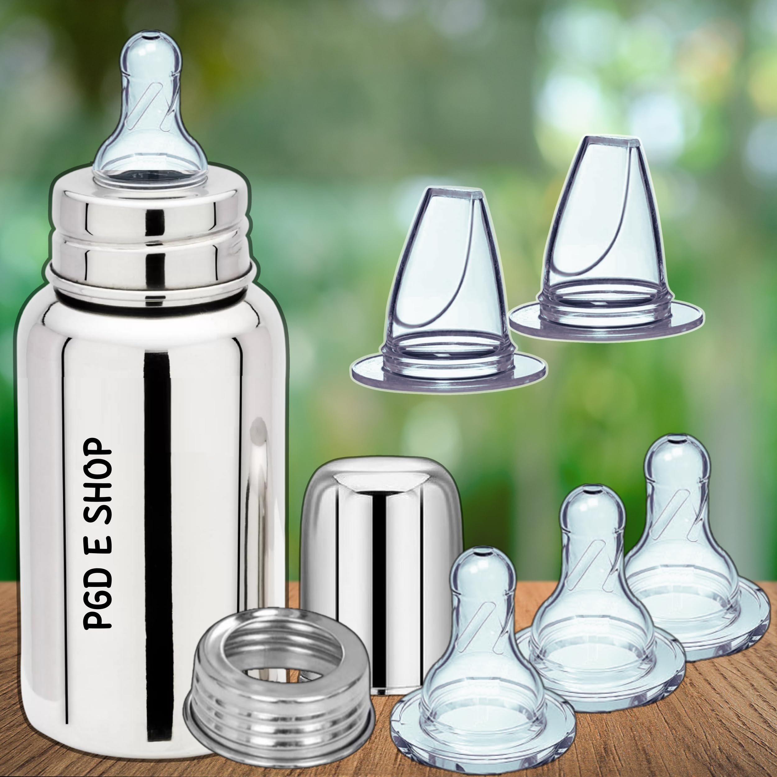 PGD Premium Premium Steel Baby Feeding Bottle with Nipples (Pack 3) Sipper Spout (Pack 2) for New Born Babies Infant Toddler Kid Regular Design Mirror Finish