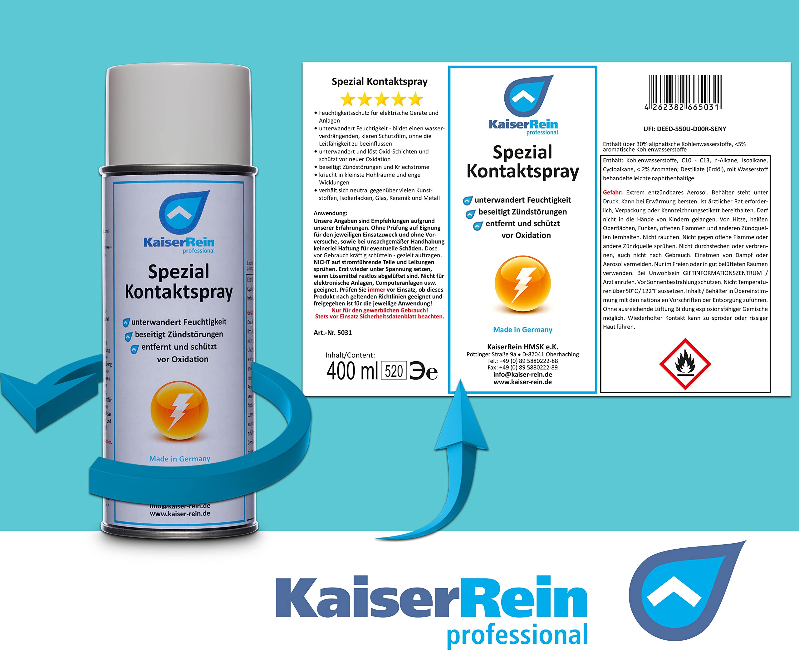 KaiserRein Spezial Kontaktspray (12x400ml) Feuchtigkeitsschutz für elektrische Geräte und Anlagen I unterwandert und löst Oxid-Schichten und schützt vor neuer Oxidation