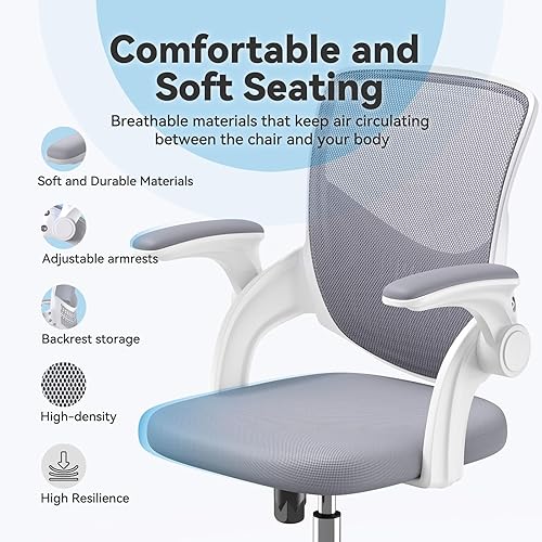 Miniatura 5 de Nazhura Silla de escritorio de oficina de malla con altura ajustable y giratorio, respaldo medio con reposabrazos abatibles y soporte de madera