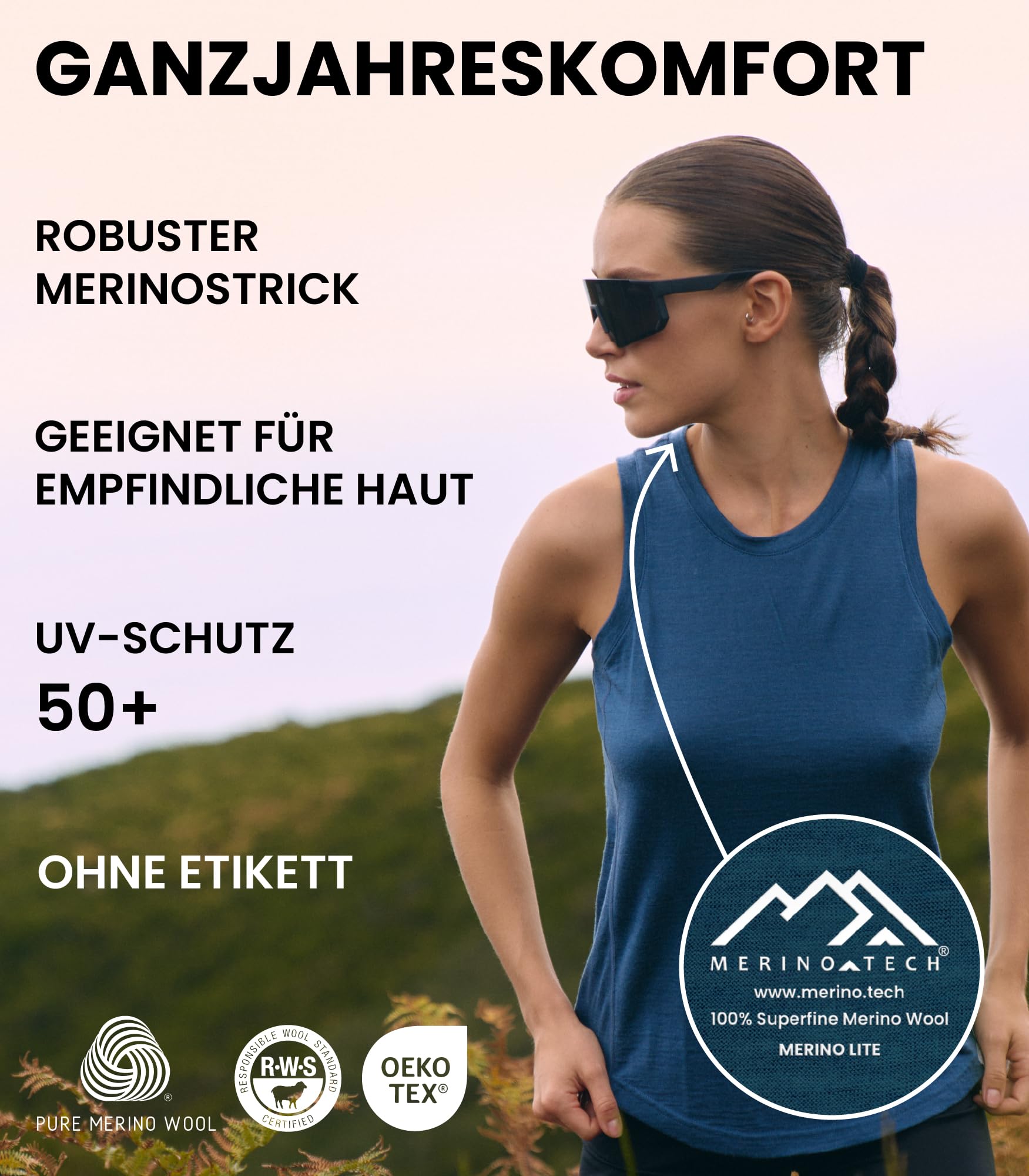 Merino.tech 100% Merino Unterwäsche Damen, Merino Unterhemd Damen, Thermo Sport Top Trägertop Tank Top aus Merinowolle