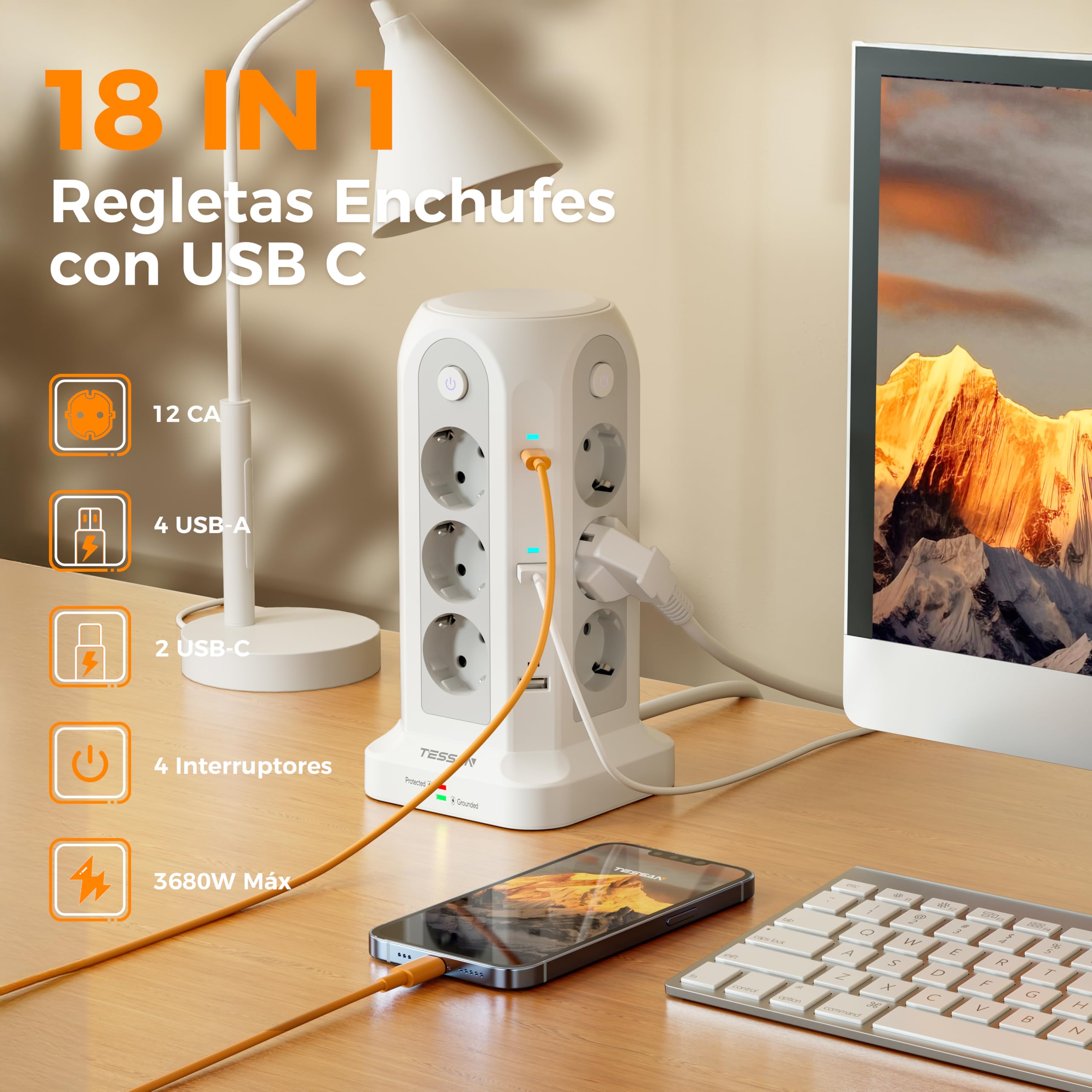 TESSAN Regleta Enchufes Torre 18 en 1 con 6 USB 12 Tomas Multiples 2 USB C Proteccion Sobretension Cable 2M
