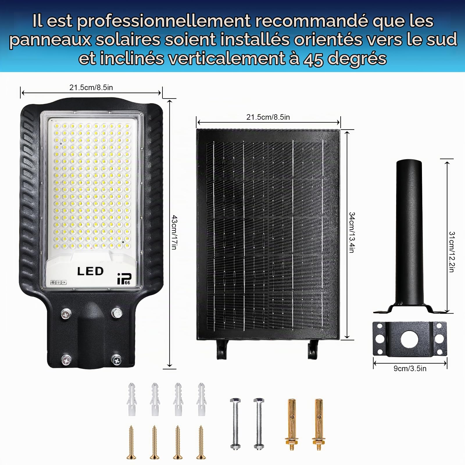 Eleganted Lampadaire Solaire Exterieur, IP66 Étanche Luminaire solaire, 30000LM Projecteur Exterieur Solaire, 6500K Lampe Solaire avec Télécommande, pour Parking Patio Rue Jardin, Cour