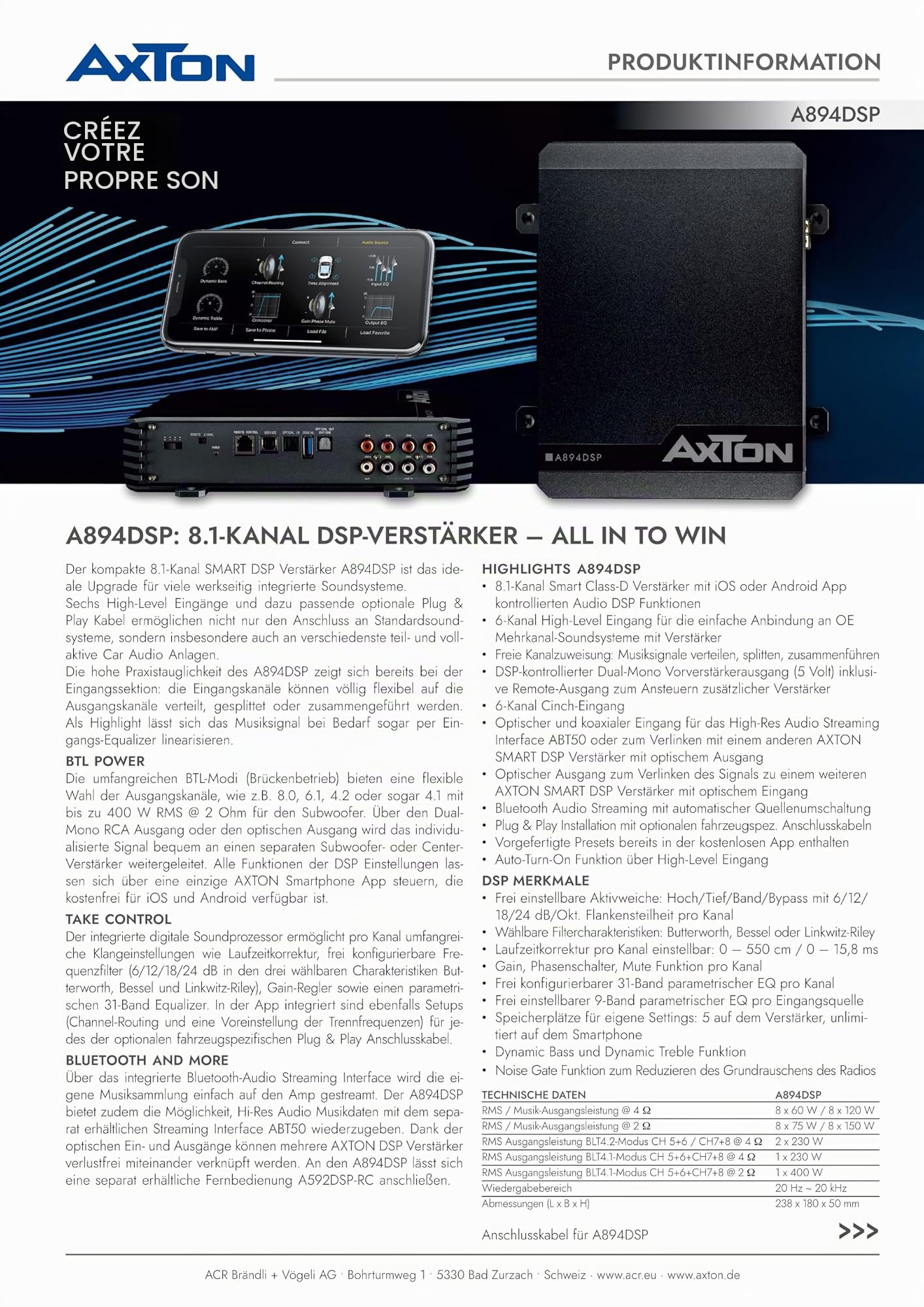 AXTON A894DSP - Amplificateur 8.1 canaux avec DSP, amplificateur de voiture avec processeur de son numérique, contrôle de l'application pour téléphone portable, streaming audio Bluetooth, audio Hi-Res