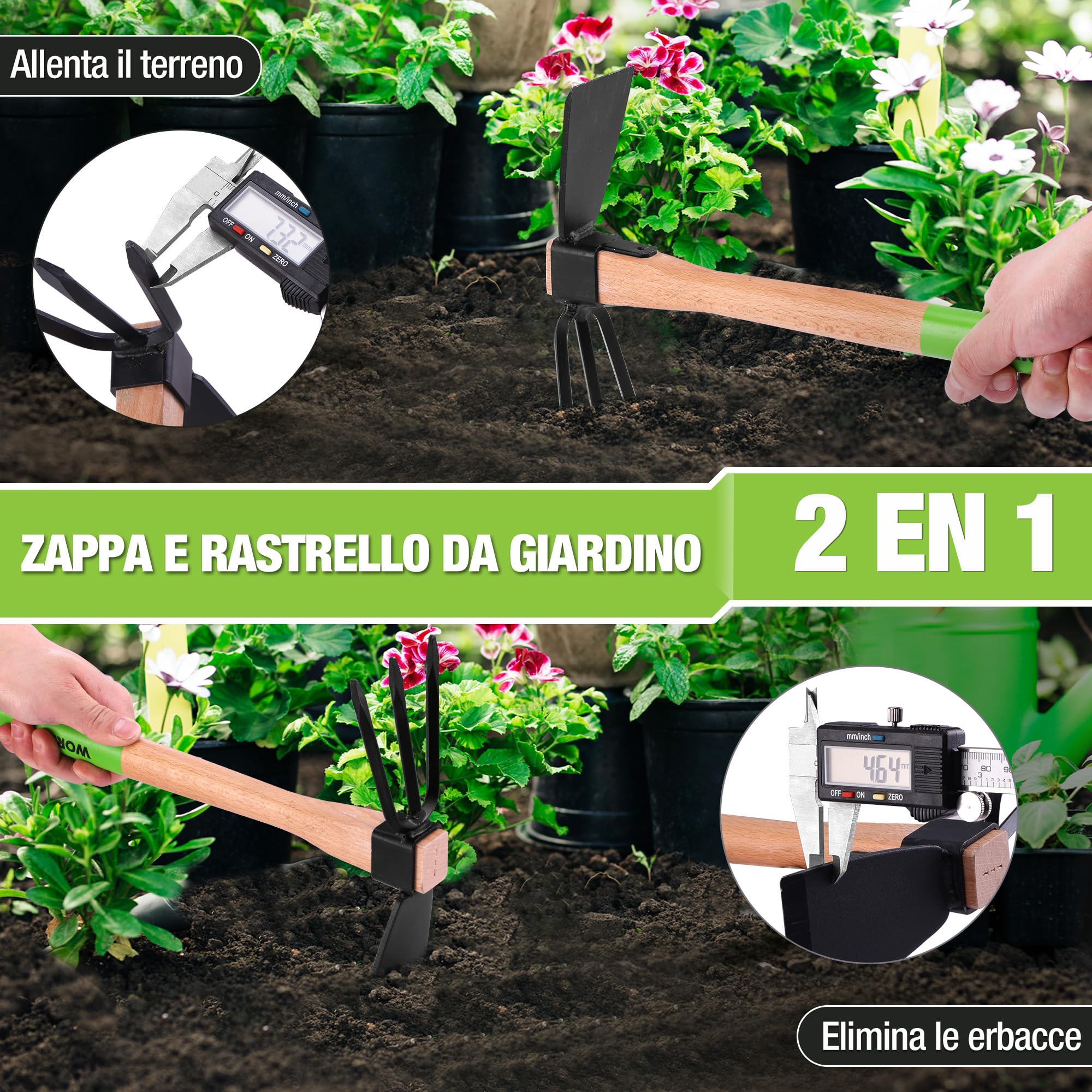 WORKPRO Zappa e Coltivatore 2-in-1 – Rastrello da Giardino con Manico in Legno da 36 cm, Lama Affilata e Denti a 3 Artigli, Attrezzo Pesante per Scavare, Smuovere il Terreno, Sarchiare e Coltivare
