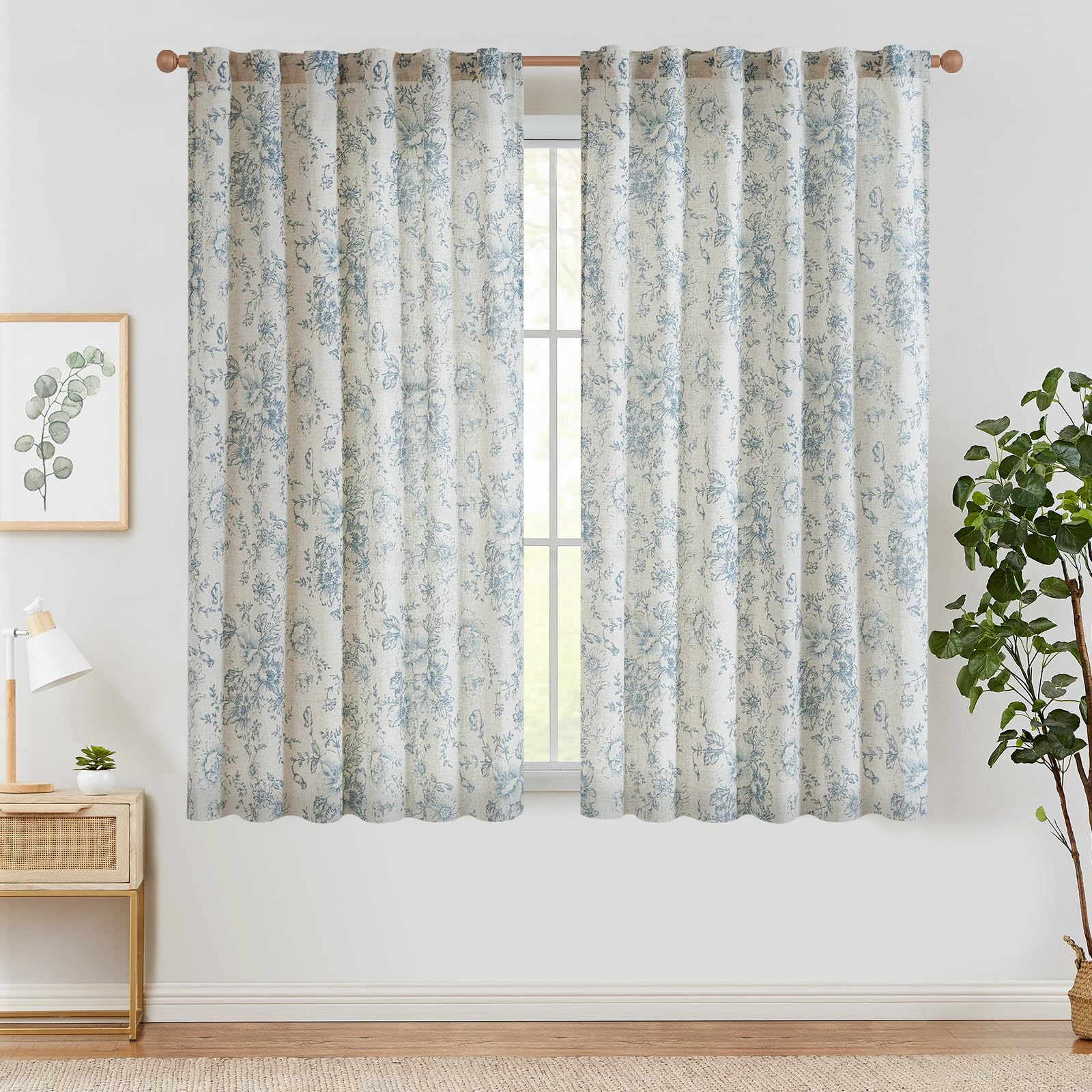TOPICK Tende floreali in lino con passanti nascosti, traslucide, per soggiorno, camera da letto, set da 2 pezzi, 140 x 210 cm (larghezza x altezza), blu su beige