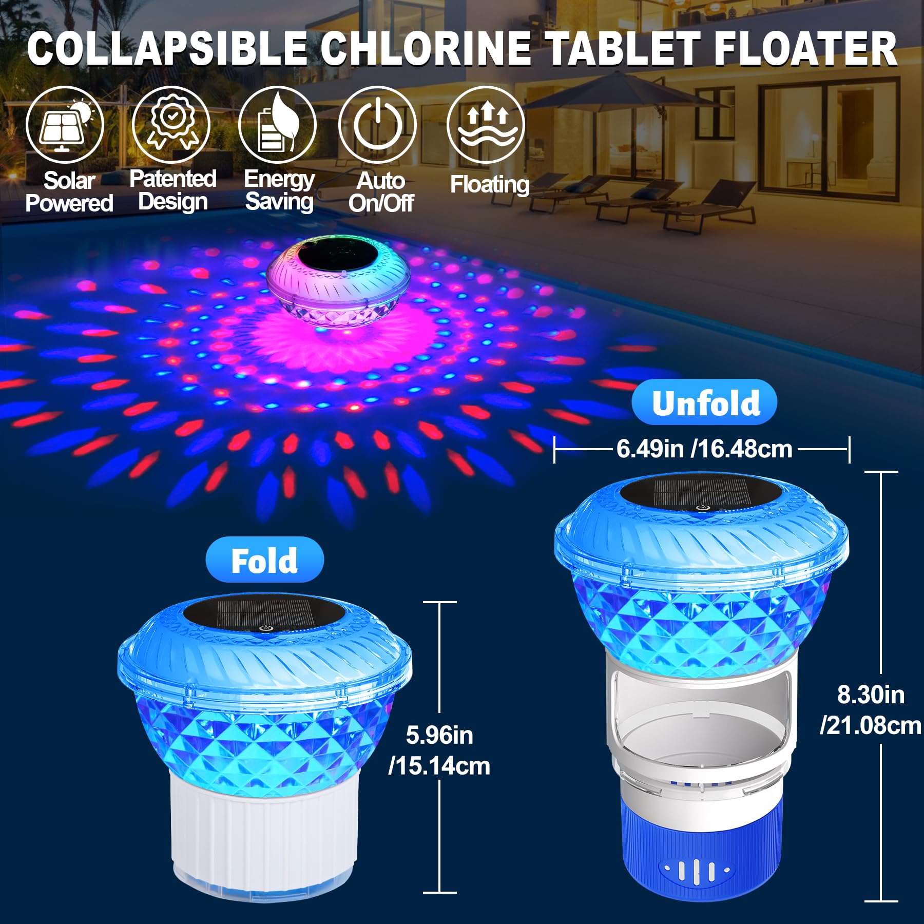 DeeprBling Diffuseur Chlore Piscine avec Solaire Lumière Marquise, Flotteur Chlore Piscine avec Bouton, Diffuseur Piscine Chlore Flottant à LED Changeant Couleur, Distributeur Chlore Flottant Piscine