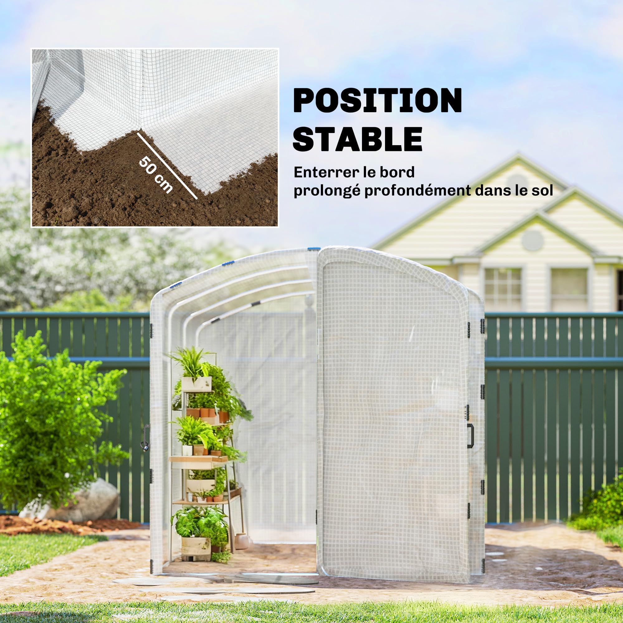 Outsunny Serre Tunnel de Jardin 6m² Serre de Jardin Tunnel bâche PE 220g/m² avec Porte Bords prolongés de 50 cm pour extérieur Toutes Saisons légumes Fruits Fleurs 300x200x195cm Blanc