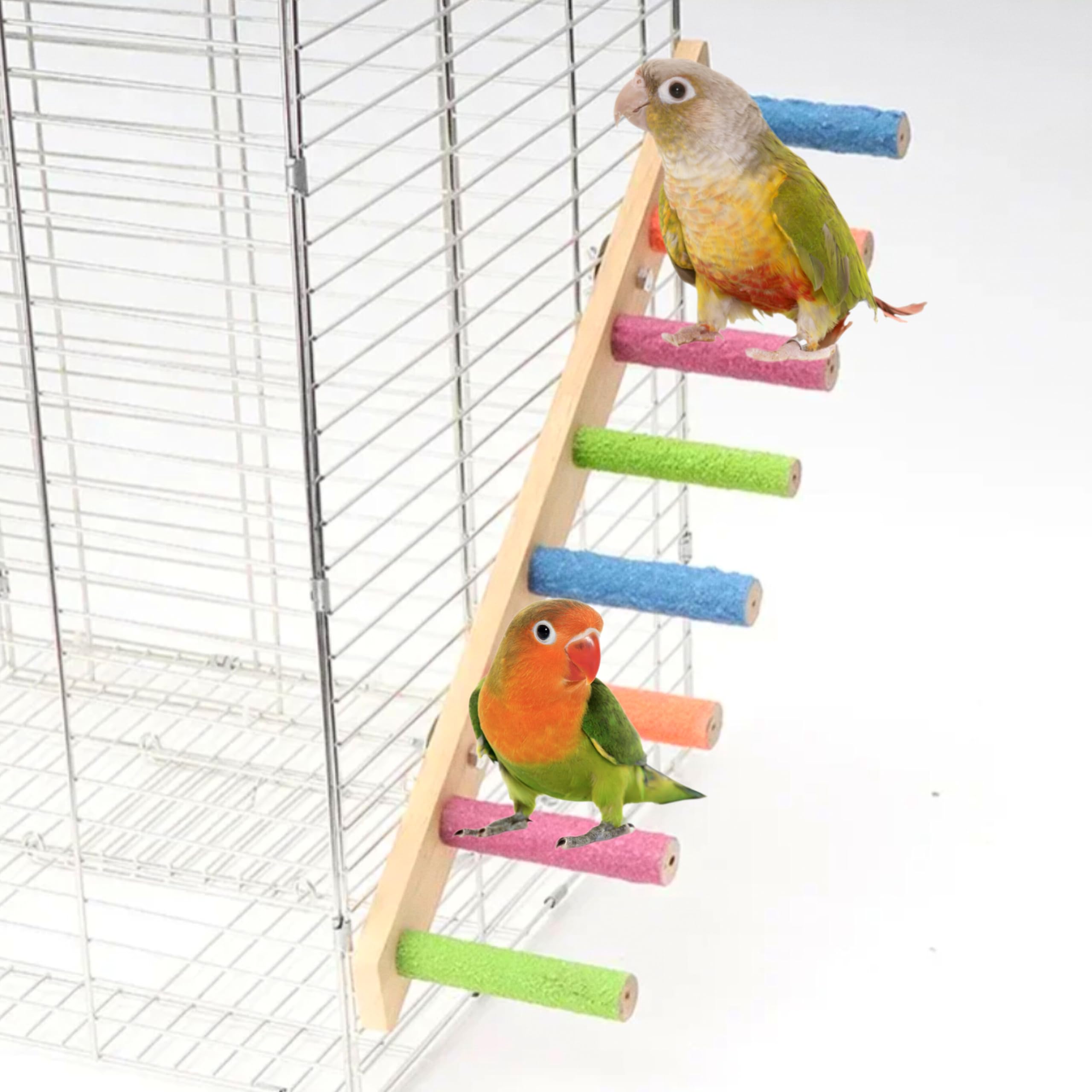 Escalera lima uñas para jaulas de loros agaporni, ninfa, accesorio de escalada cotorra, caique, juguete de pájaros conures, pyrrhurras, loris, rosellas, percha de loro 8 peldaños y materiales seguros.