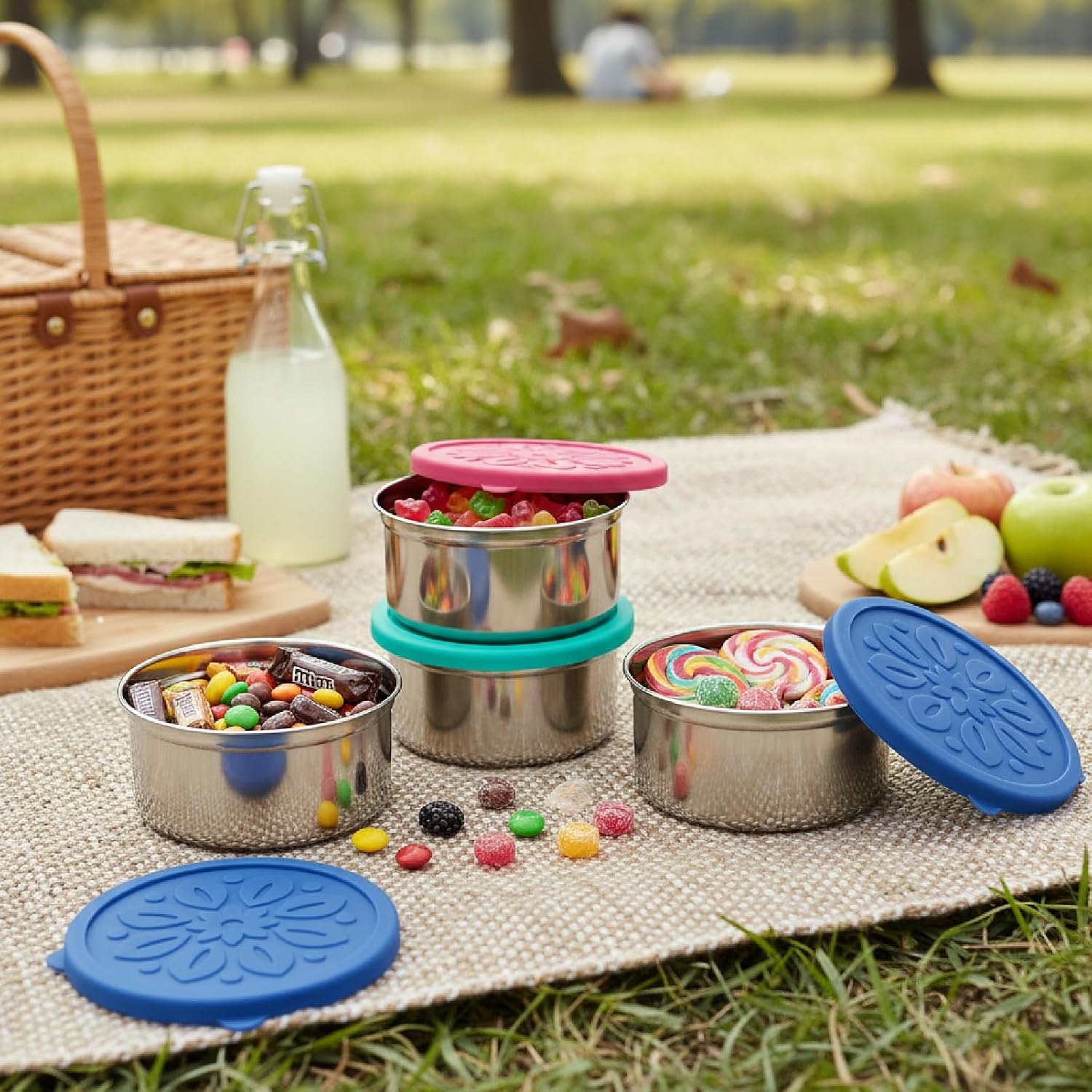 3-Pack Stainless Steel Snack Containers for Kids, Leakproof Reusable Metal Bento Box with Silicone Lids, Easy Open, for School, Picnic, Travel Lunch (Multi-color, 300ML Each)​