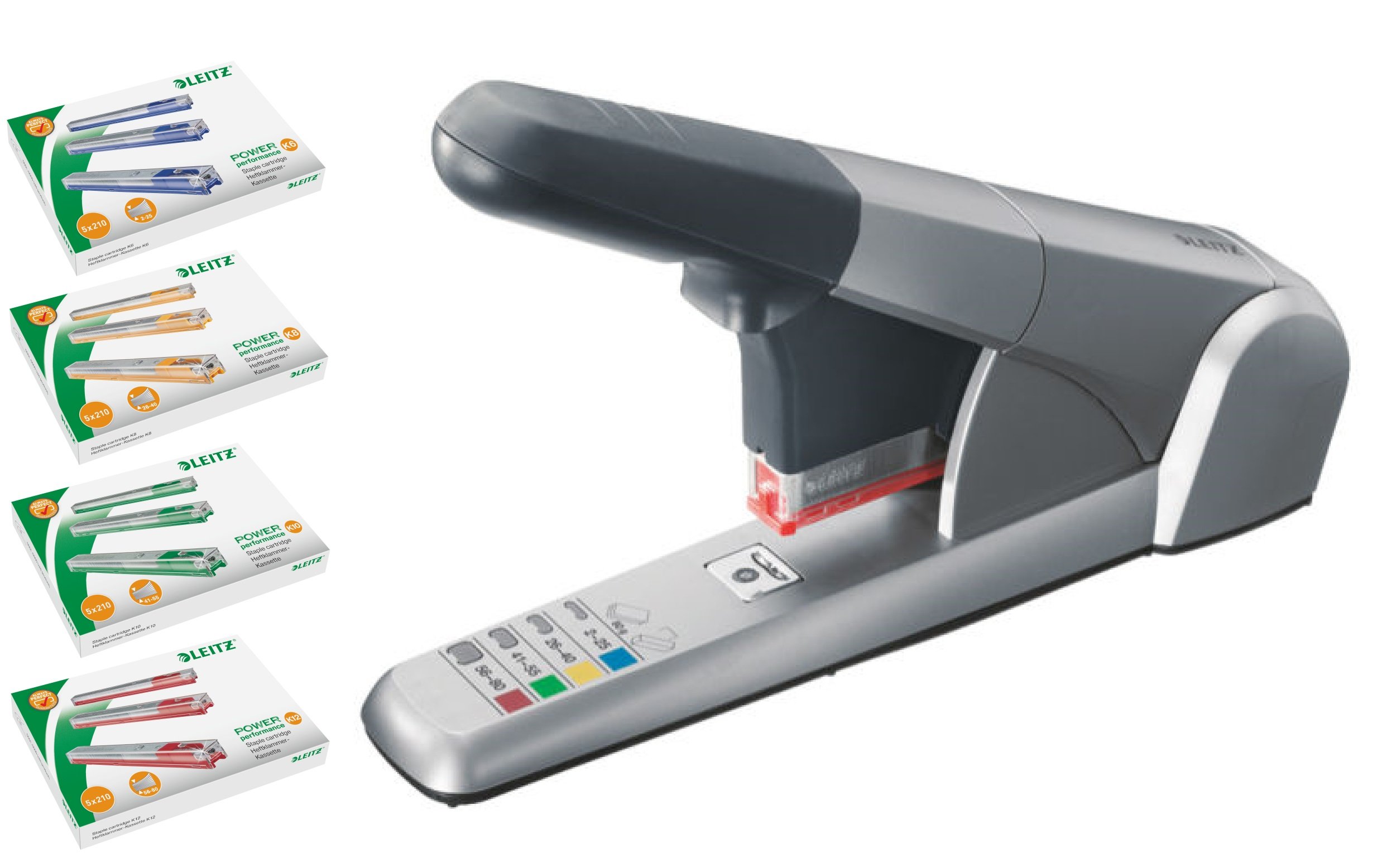 Leitz 55510084 Block Heftgerät (80 Blatt, Für dicke Papierstapel, Metall mit Kunststoffgehäuse) silber (Profi Pack, Block Heftgerät)