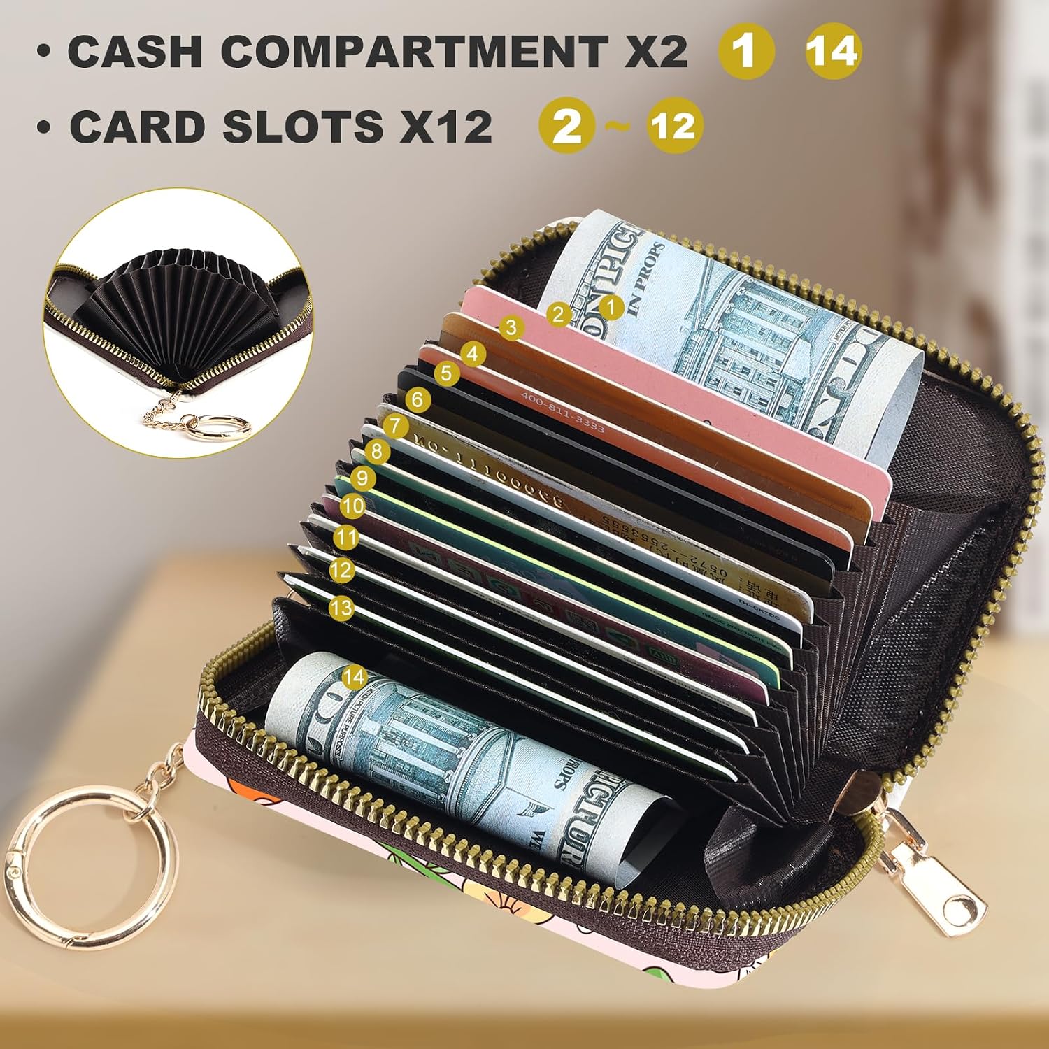 Credit Card Holder for Women,Small Rfid Wallet with Keychain Zipper,Cute PU Leather Card Case Wallet，Accordion Credit Card Wallets Gift,Little Mushroom image 3